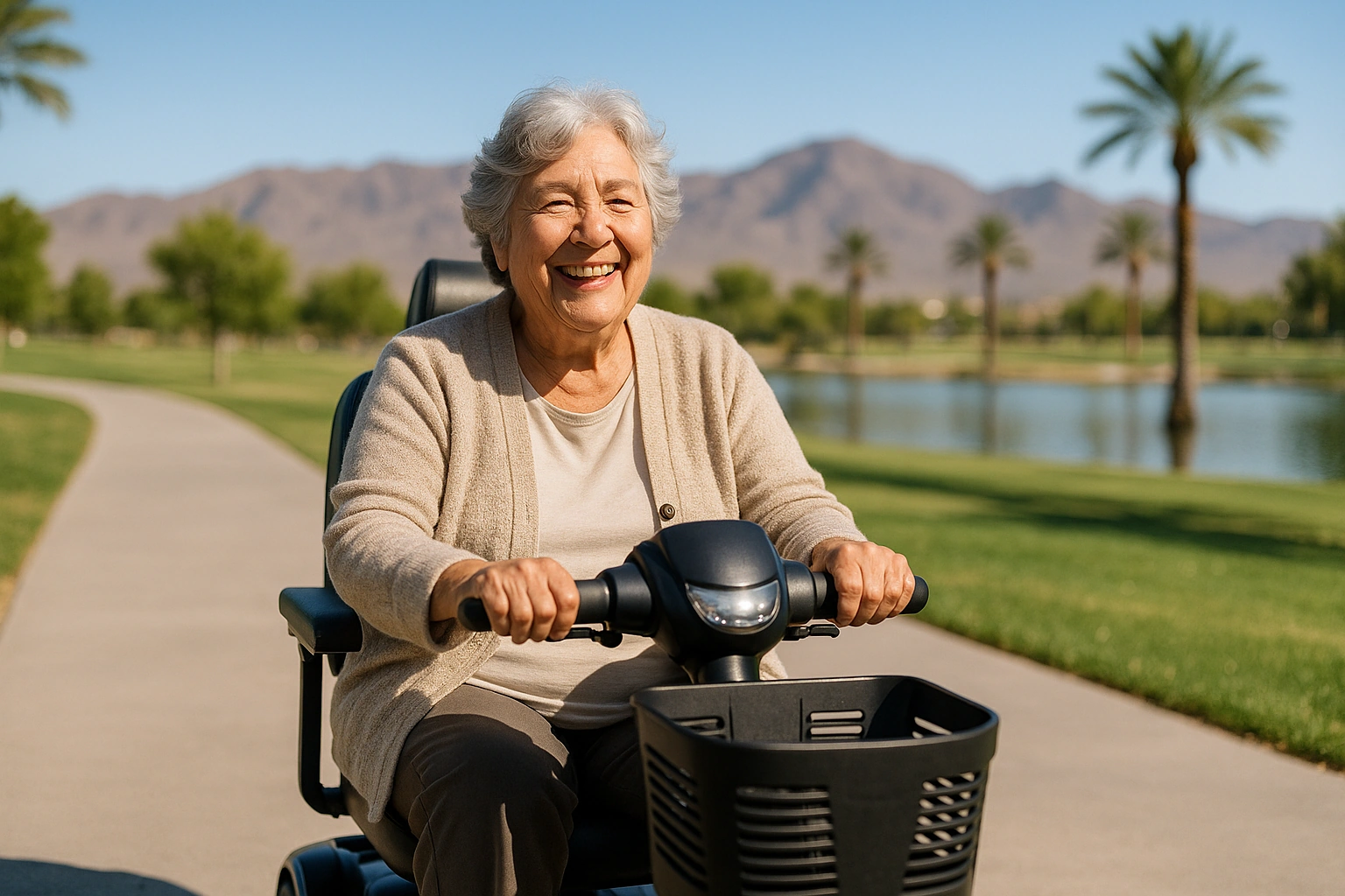 Senior woman with grey hair riding a modern mobility scooter on a wide smooth paved park path in North Las Vegas, Nevada, with a green park, a small lake, palm trees and the bare Mojave desert mountains behind under a clear blue sky