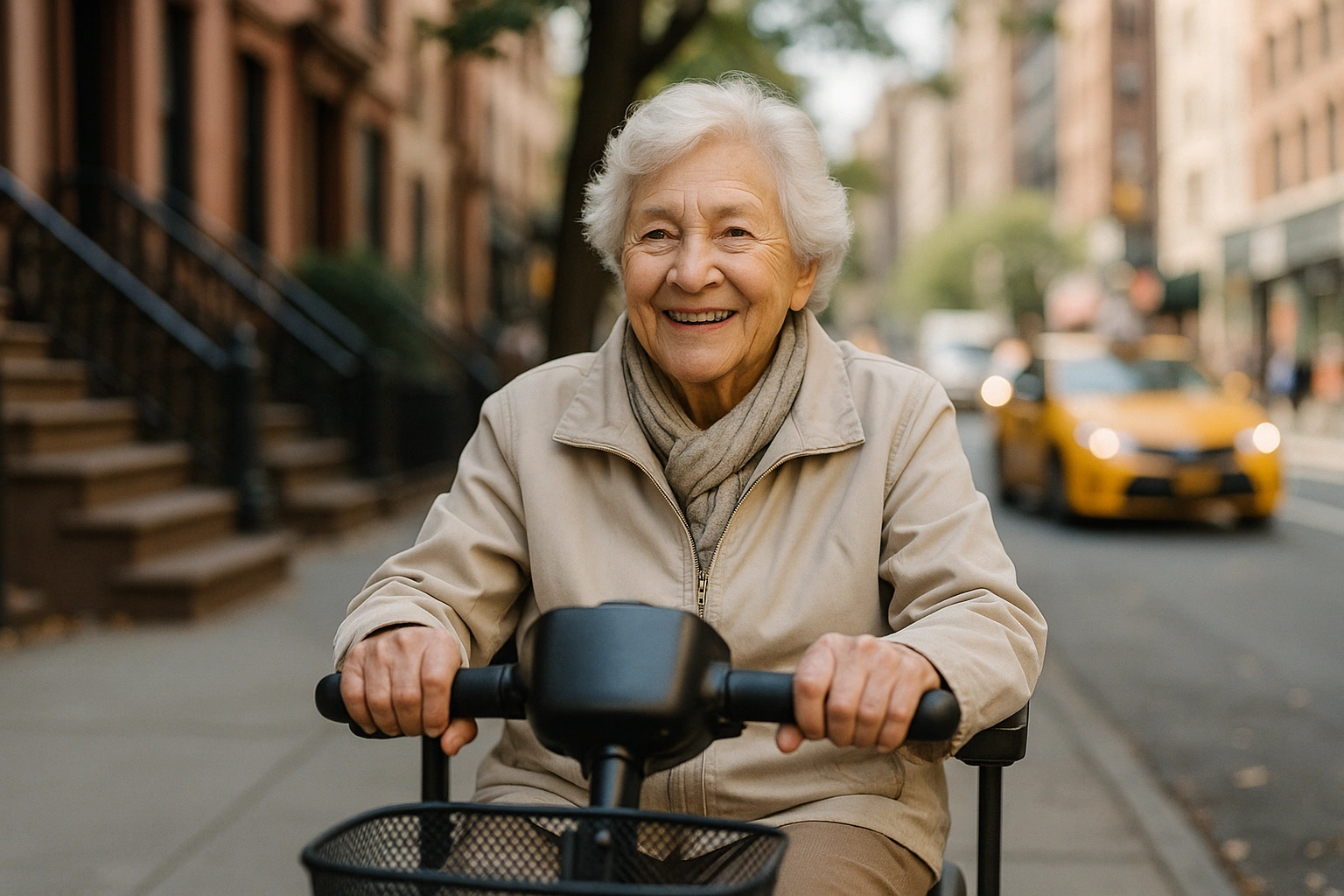 Smiling senior riding a mobility scooter on a New York City sidewalk beside brownstone stoops and city storefronts
