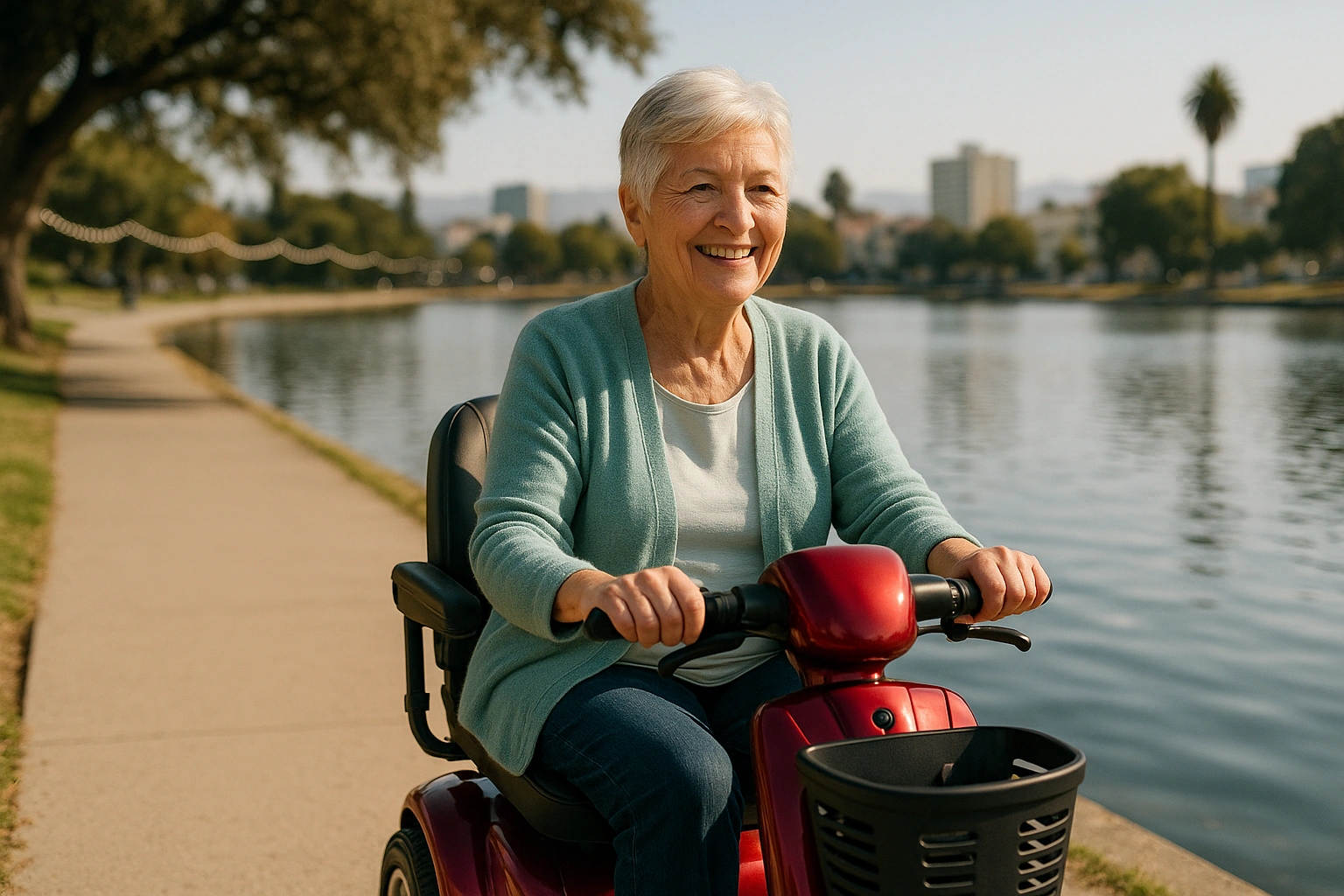 Senior woman riding a red three-wheel mobility scooter along a smooth flat paved path beside Lake Merritt in Oakland, California, with the tidal lagoon, a curving string of white lamp posts, leafy trees and low city buildings under bright mild Bay Area sunshine