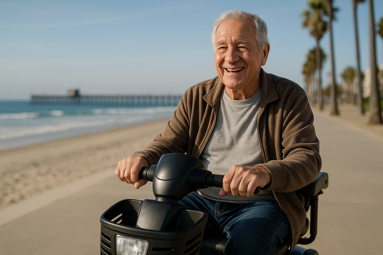 Senior man with grey hair riding a modern mobility scooter on a wide flat paved beachfront path along the Pacific Ocean in Oceanside, California, with a sandy beach, the wooden Oceanside pier in the distance, palm trees and a blue sky