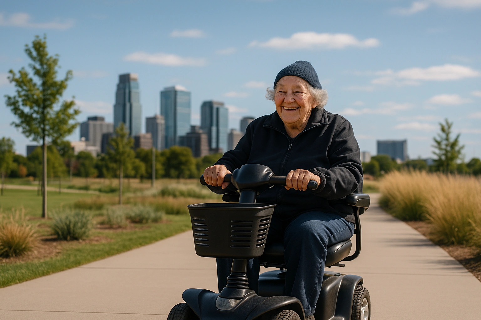 Smiling senior man riding a four-wheel mobility scooter along a wide paved path through a city park with prairie grasses and a compact downtown skyline under a big Oklahoma sky