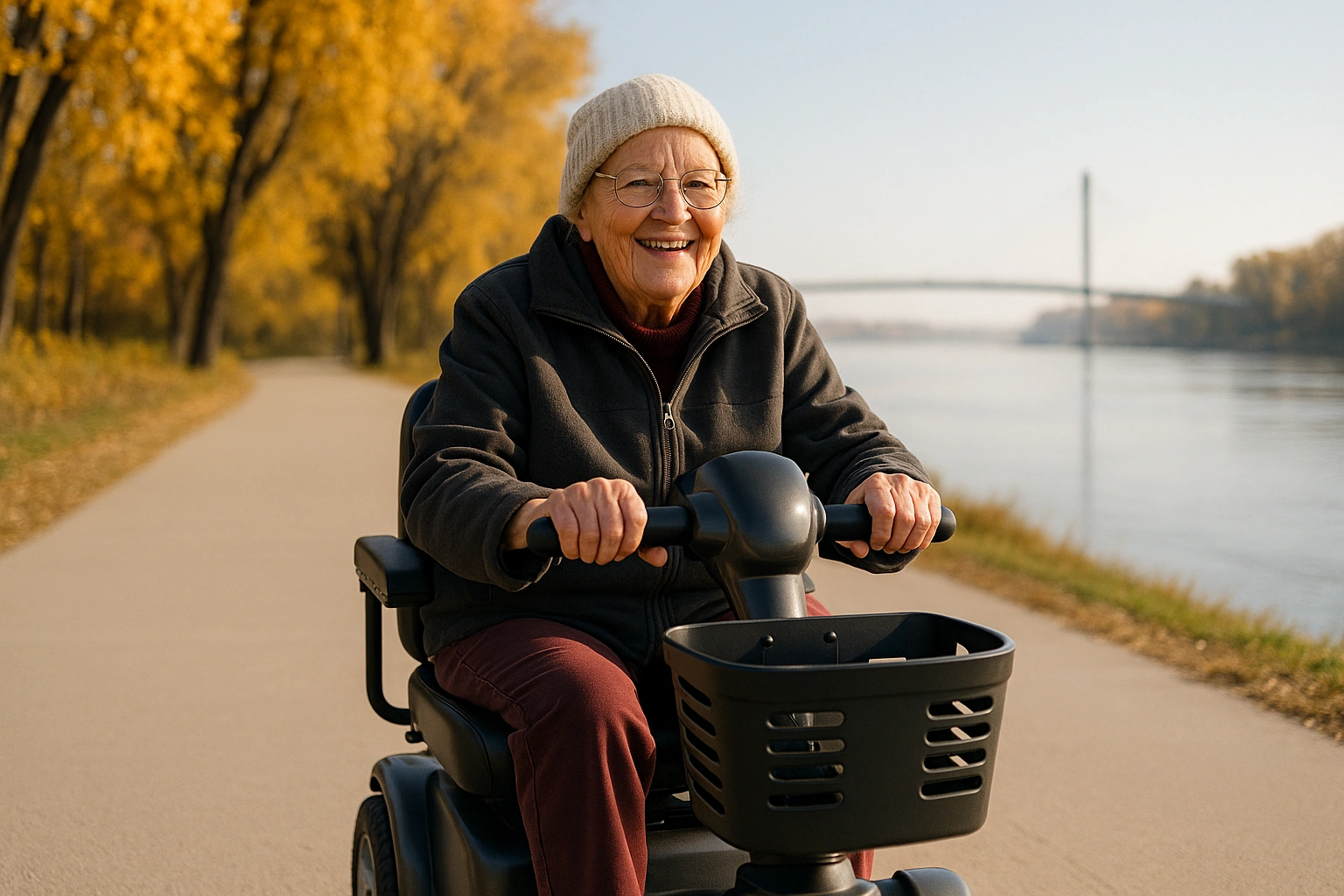 Smiling senior woman riding a four-wheel mobility scooter along a wide flat paved riverside trail beside the Missouri River in Omaha on a clear autumn morning, with golden trees and a modern pedestrian bridge in the distance