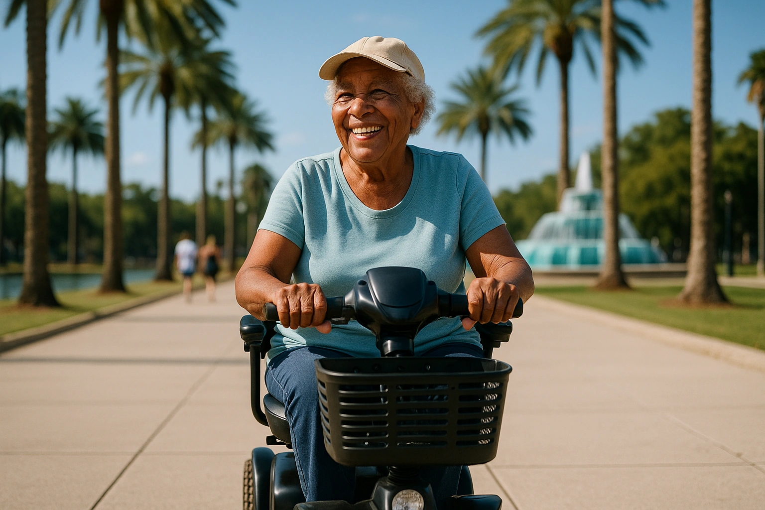 Smiling senior riding a mobility scooter on a wide sunny palm-lined walkway in Orlando
