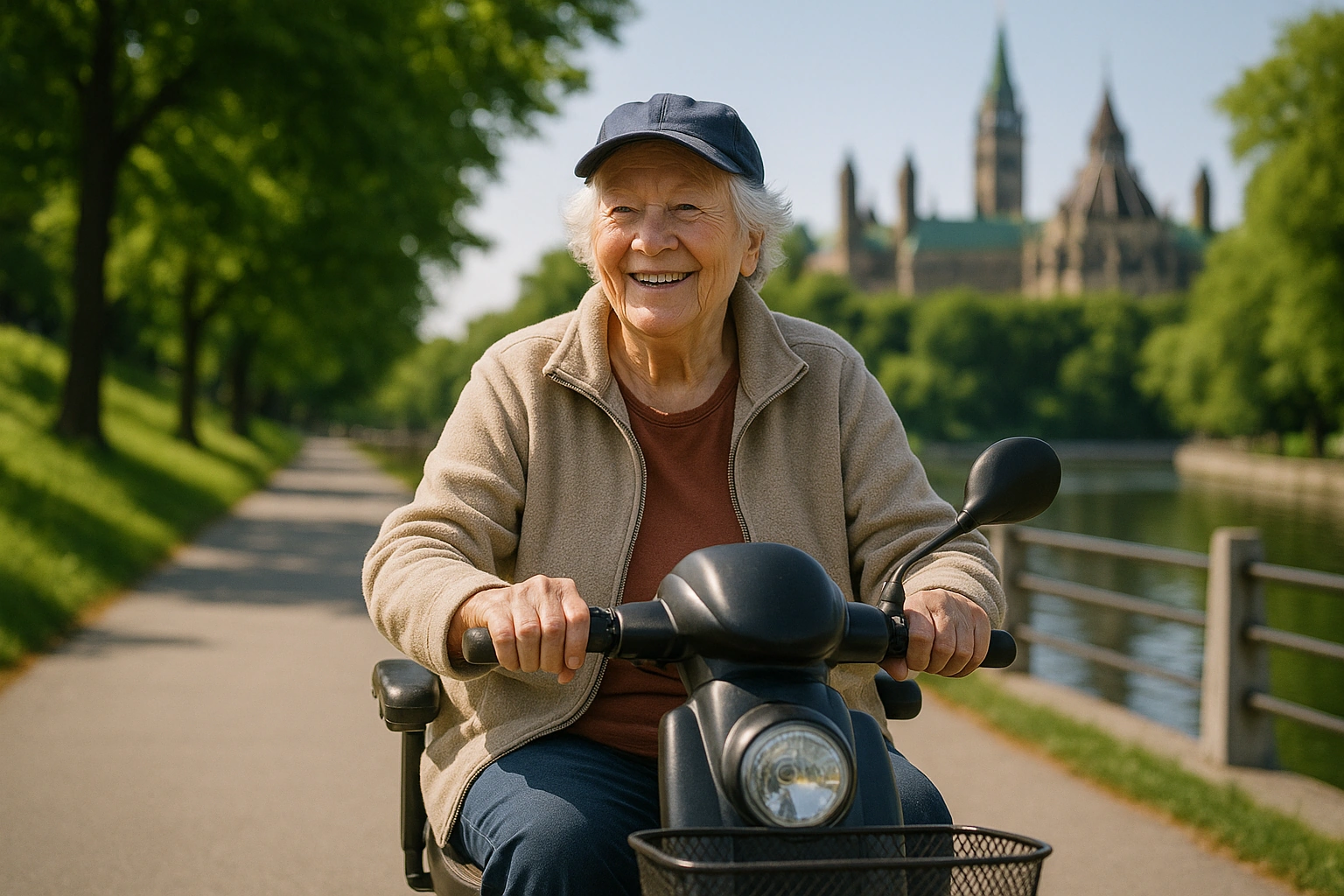 Smiling senior riding a mobility scooter on a paved path beside the Rideau Canal in Ottawa with Parliament's towers behind
