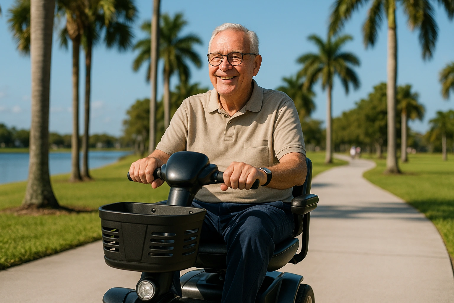 Senior man with grey hair and glasses riding a modern mobility scooter on a wide smooth flat paved loop path through a sunny suburban park in Pembroke Pines, Florida, with tall palm trees, green lawns, a calm lake and a bright blue sky
