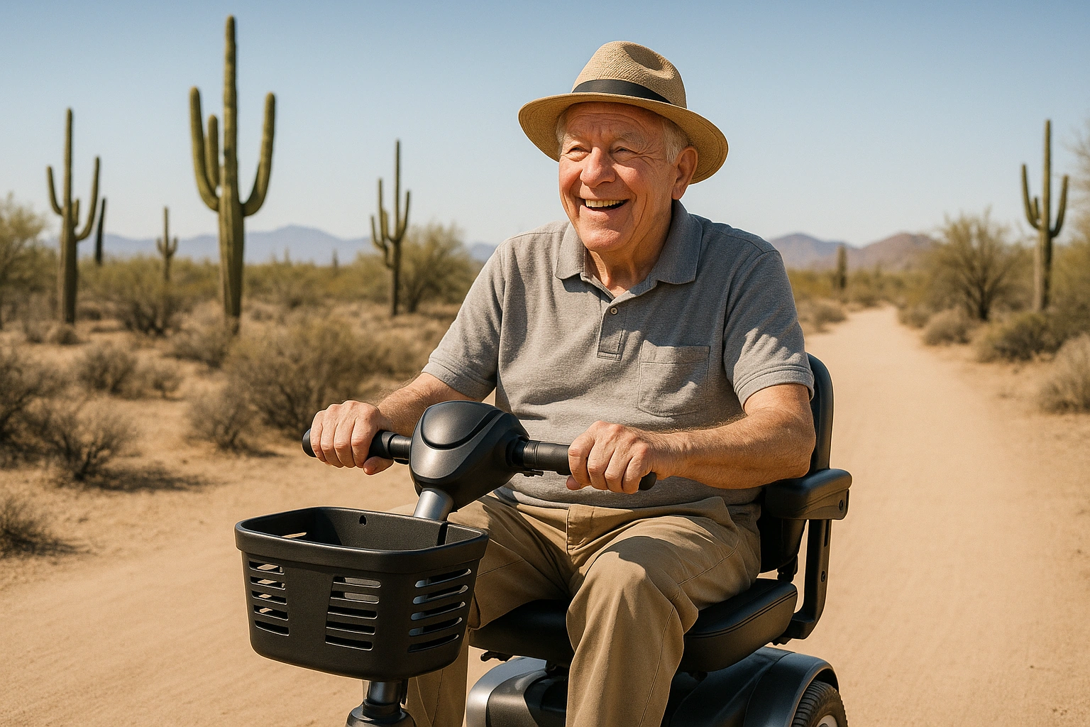 Senior man with grey hair and a sun hat riding a modern mobility scooter on a wide flat paved desert trail in Peoria, Arizona, with tall saguaro cacti, desert scrub, distant mountains and a clear blue sky