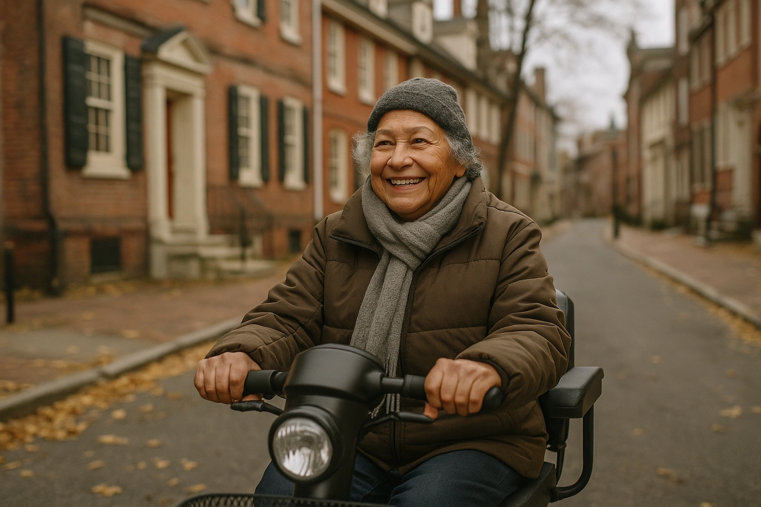 Smiling senior riding a mobility scooter on a Philadelphia street lined with historic brick rowhouses