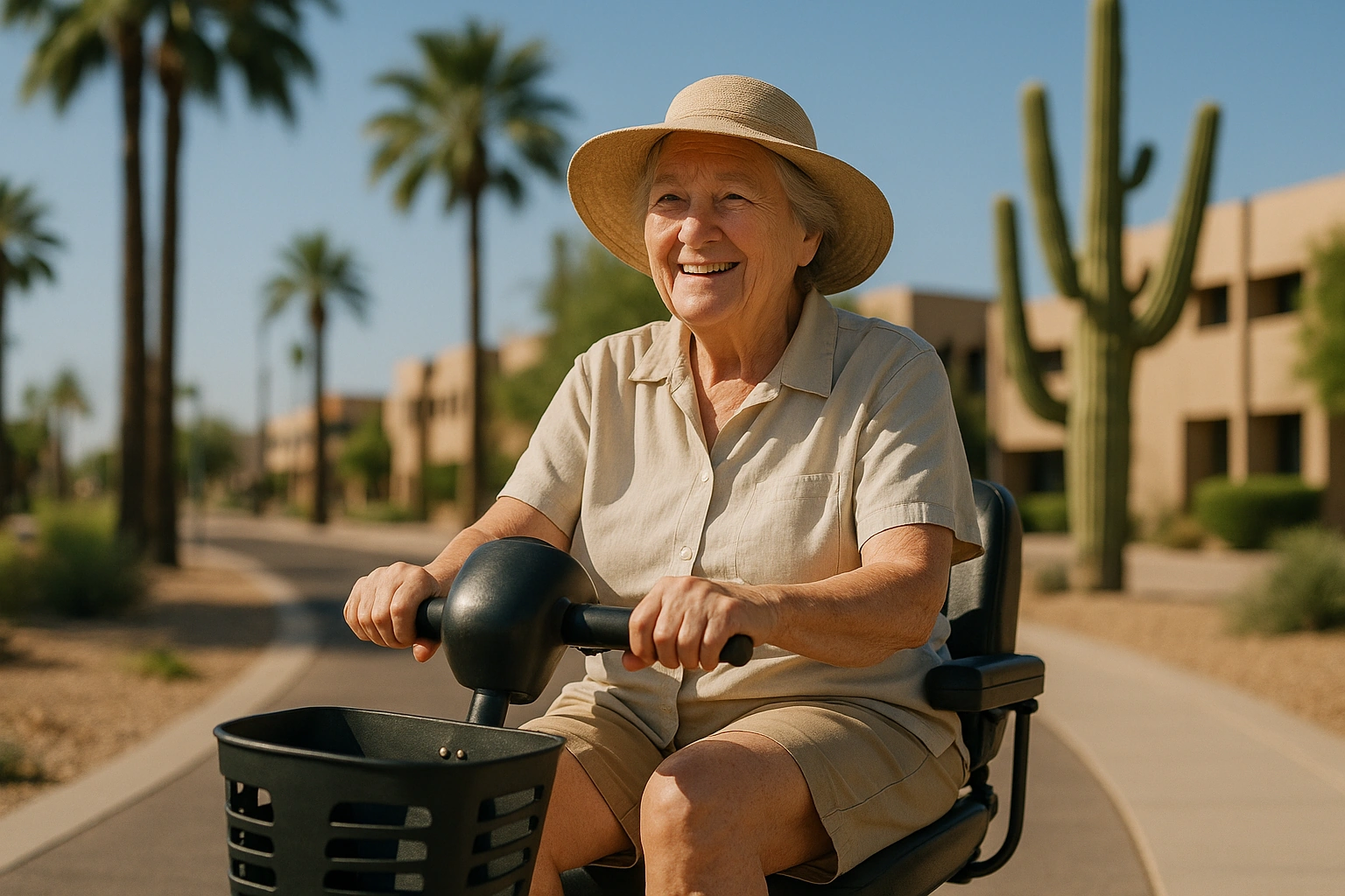 Senior riding a four-wheel mobility scooter on a sunny desert-city sidewalk in Arizona