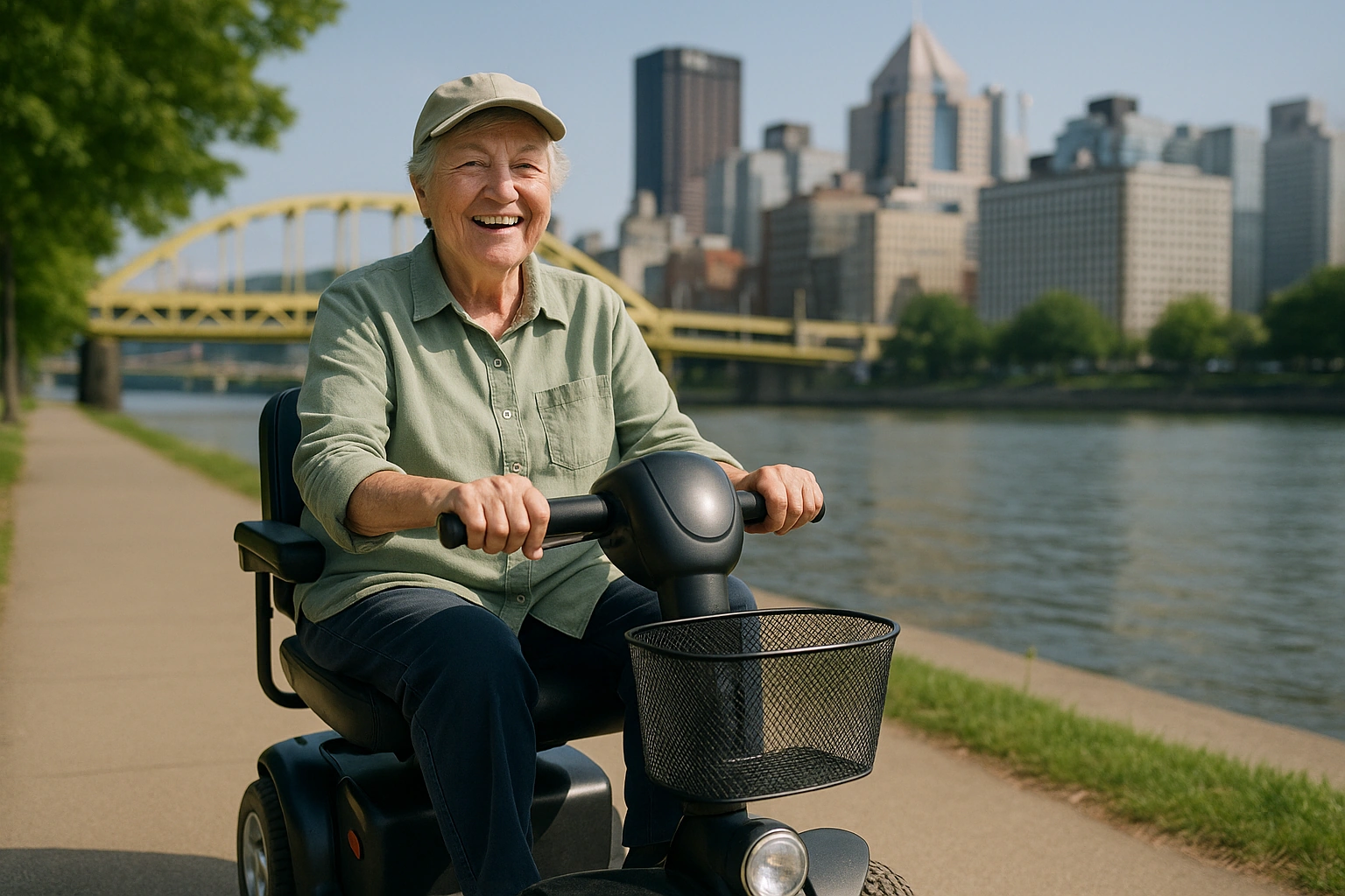 Smiling senior riding a mobility scooter on a flat paved riverfront trail in Pittsburgh with a steel bridge and skyline behind