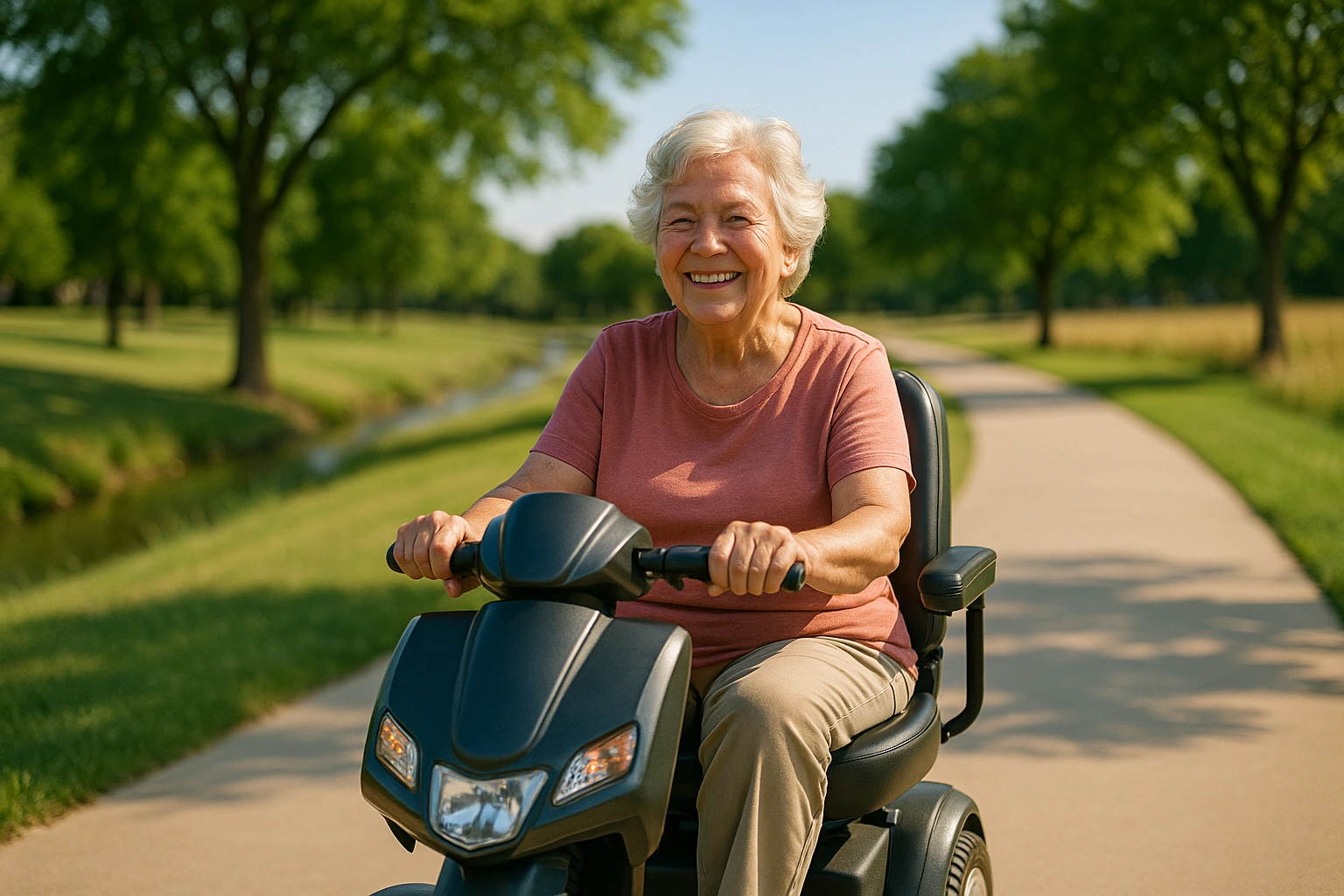 Senior woman with grey hair riding a modern mobility scooter on a wide smooth paved greenbelt trail through a well-kept North Texas suburban park in Plano, with green trees, a gentle creek, prairie grass and a blue sky