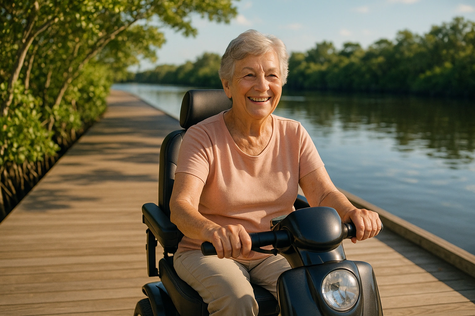 Senior woman with short grey hair riding a modern mobility scooter on a wide smooth riverfront boardwalk beside the calm North Fork of the St. Lucie River in Port St. Lucie, Florida, with lush green mangroves, still water and a blue sky