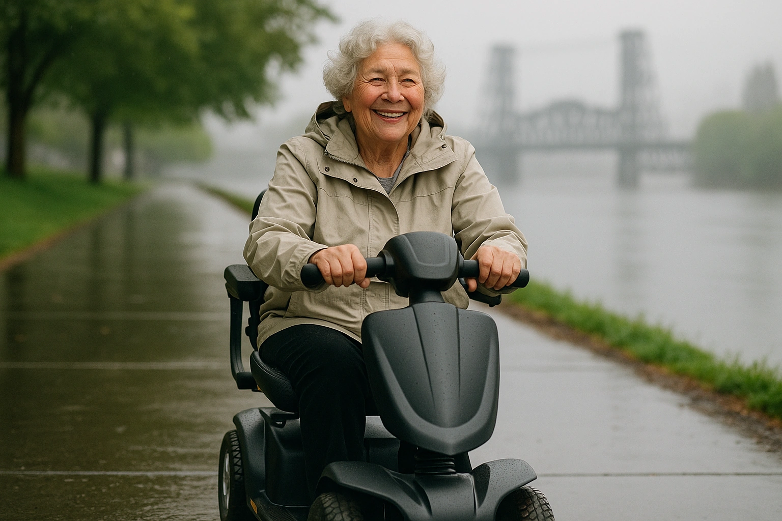 Smiling senior woman riding a four-wheel mobility scooter on a wet riverfront path in Portland, Oregon with the Willamette River and a steel bridge behind on a drizzly morning