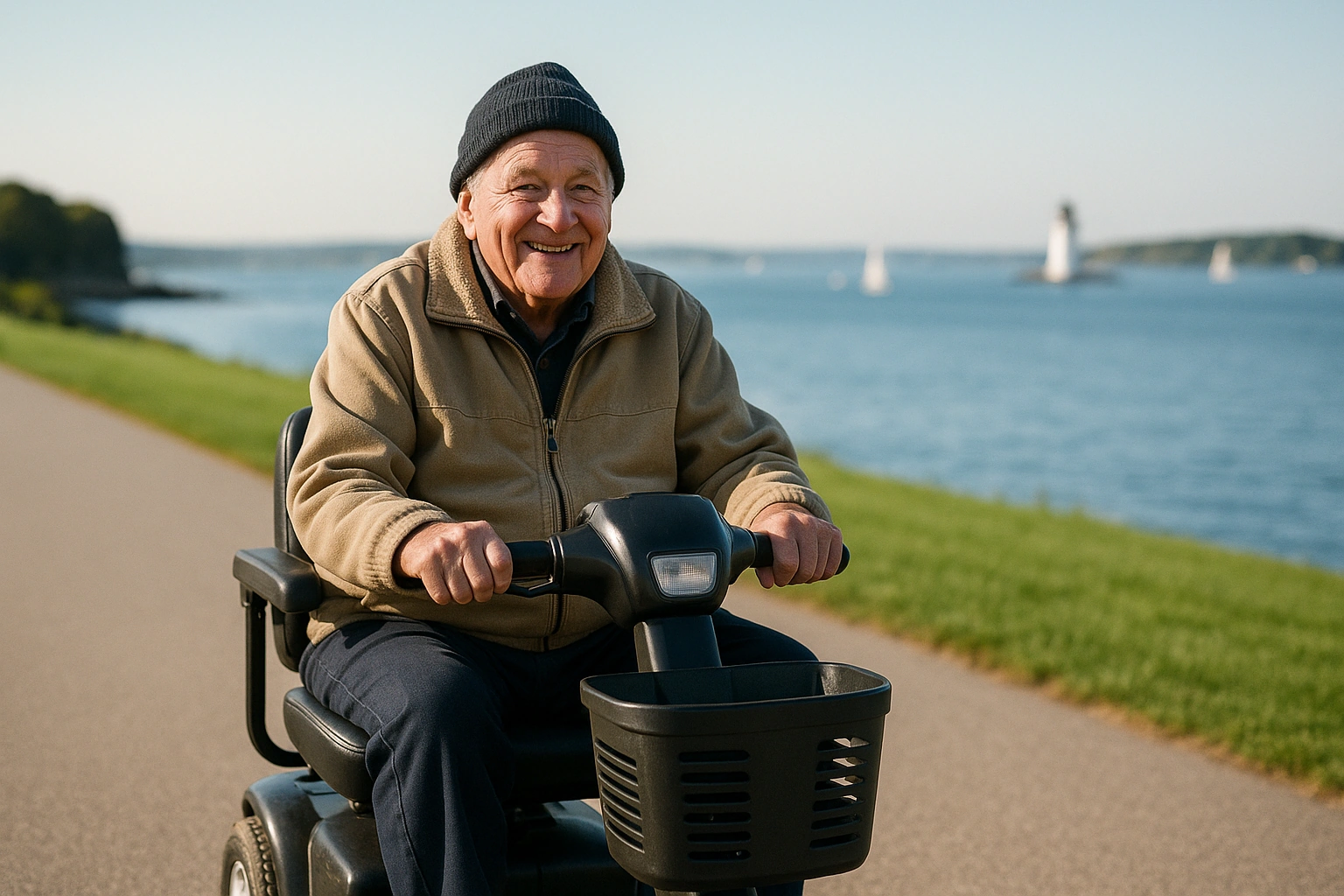 Senior man riding a four-wheel mobility scooter along a wide flat paved waterfront trail on the Eastern Promenade beside Casco Bay in Portland, Maine, with green grass, the blue bay, a lighthouse and sailboats in the distance on a clear morning