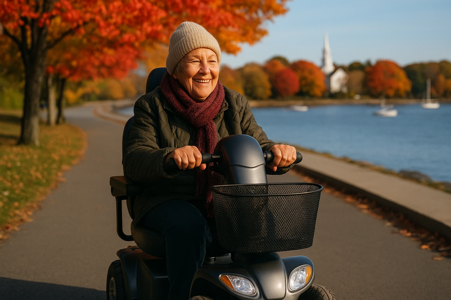 Smiling senior woman riding a four-wheel mobility scooter on a smooth paved waterfront path beside Narragansett Bay with autumn maples and a white New England church steeple in the distance near Providence