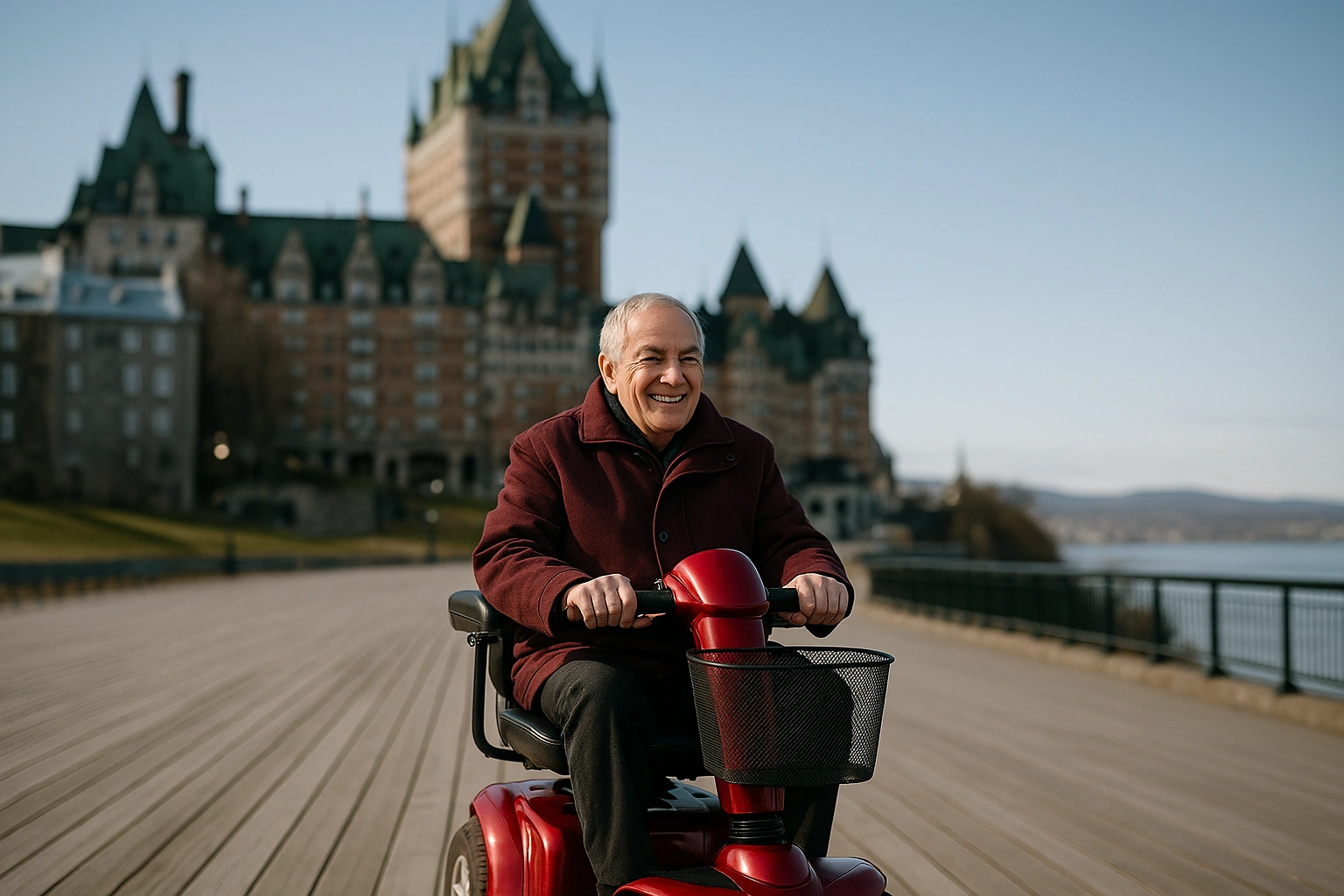 Senior man in a burgundy coat riding a red four-wheel mobility scooter along a wide flat wooden boardwalk terrace overlooking the broad St. Lawrence River in Quebec City, with a grand chateau-style hotel with green copper roofs and old stone buildings behind under a crisp clear sky