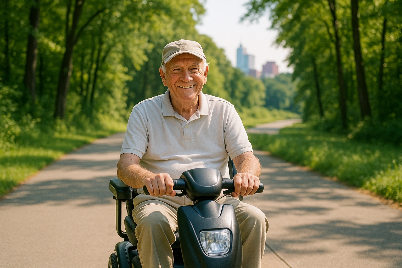 Smiling senior man riding a four-wheel mobility scooter along a wide flat paved greenway path through green woodland in Raleigh, North Carolina, with tall leafy trees and dappled summer light