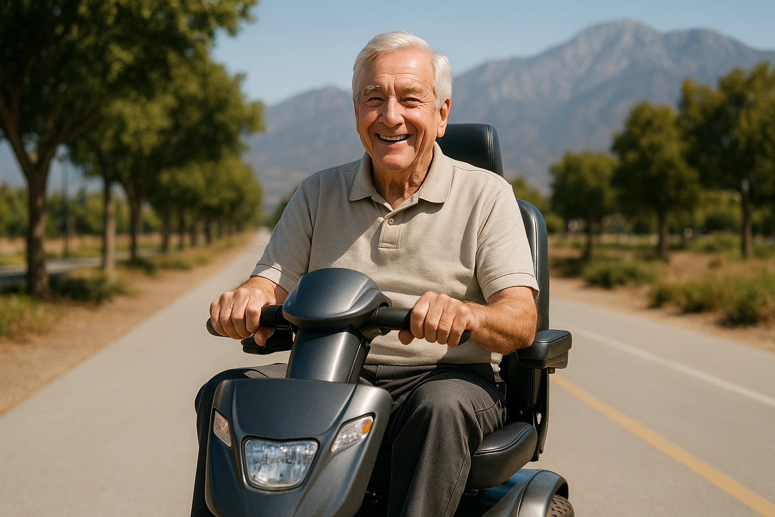 Senior man with grey hair riding a modern four-wheel mobility scooter on a wide smooth paved rail-trail path lined with trees in Rancho Cucamonga, California, with the San Gabriel Mountain foothills in the background under a clear blue sky
