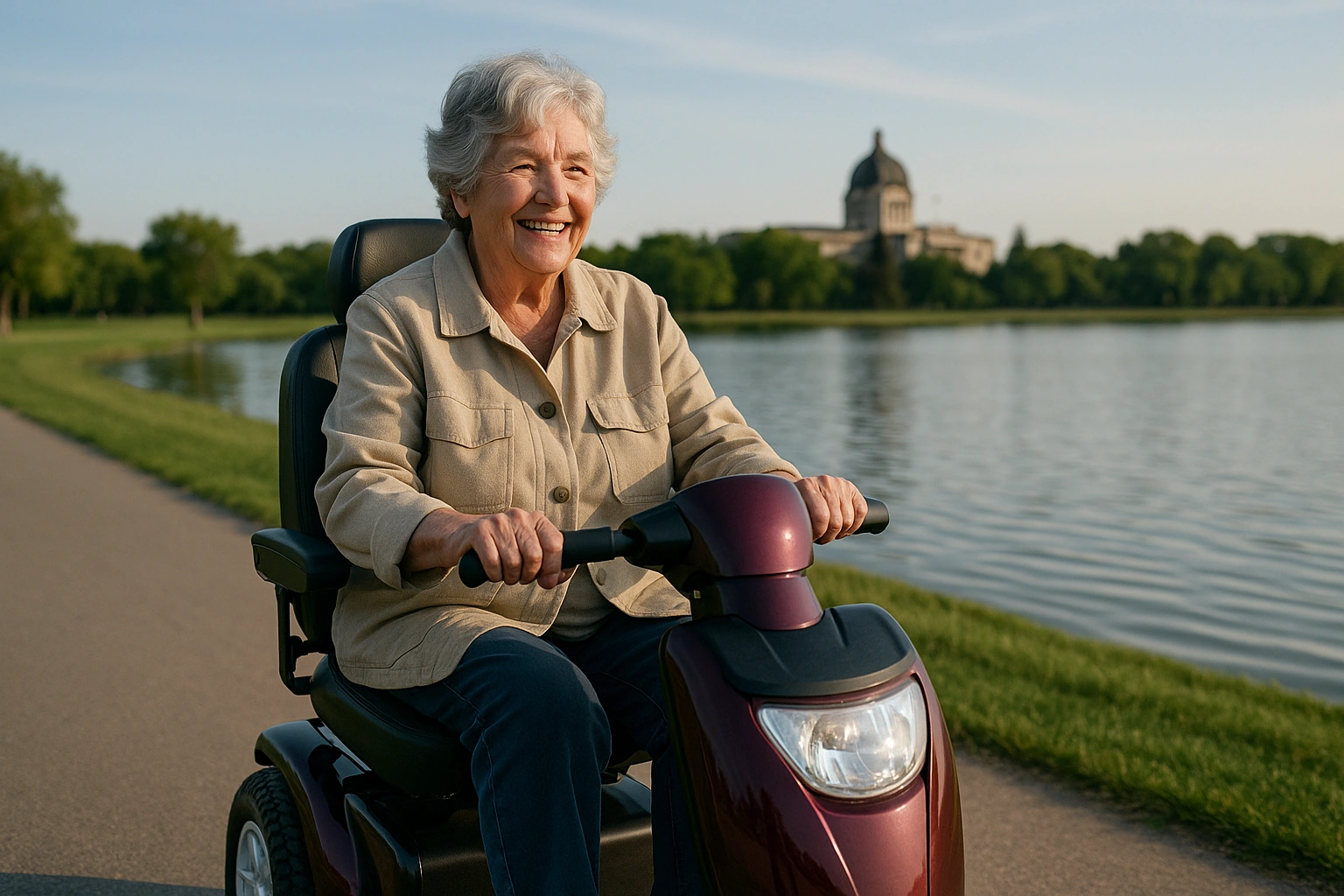 Senior woman with grey hair riding a modern mobility scooter on a smooth paved lakeside path in a large prairie city park in Regina, Saskatchewan, with a calm lake, green lawns and a distant domed legislative building under a wide bright prairie sky