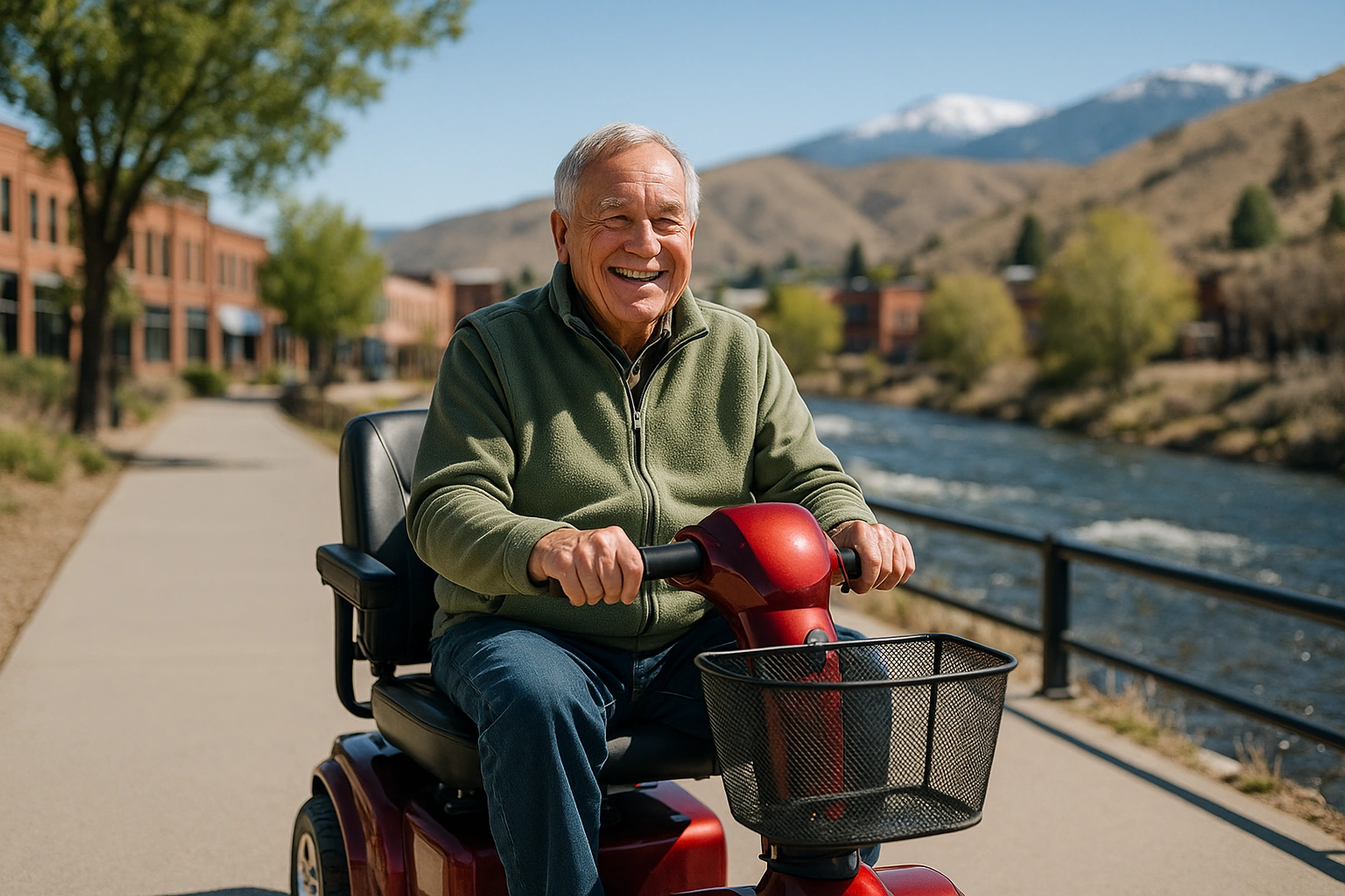 Senior man in a green fleece vest riding a red four-wheel mobility scooter along a smooth paved riverwalk beside the Truckee River running through downtown Reno, Nevada, with low brick buildings, a few trees, and dry sage-covered high-desert foothills with snow on the distant peaks under a clear blue sky