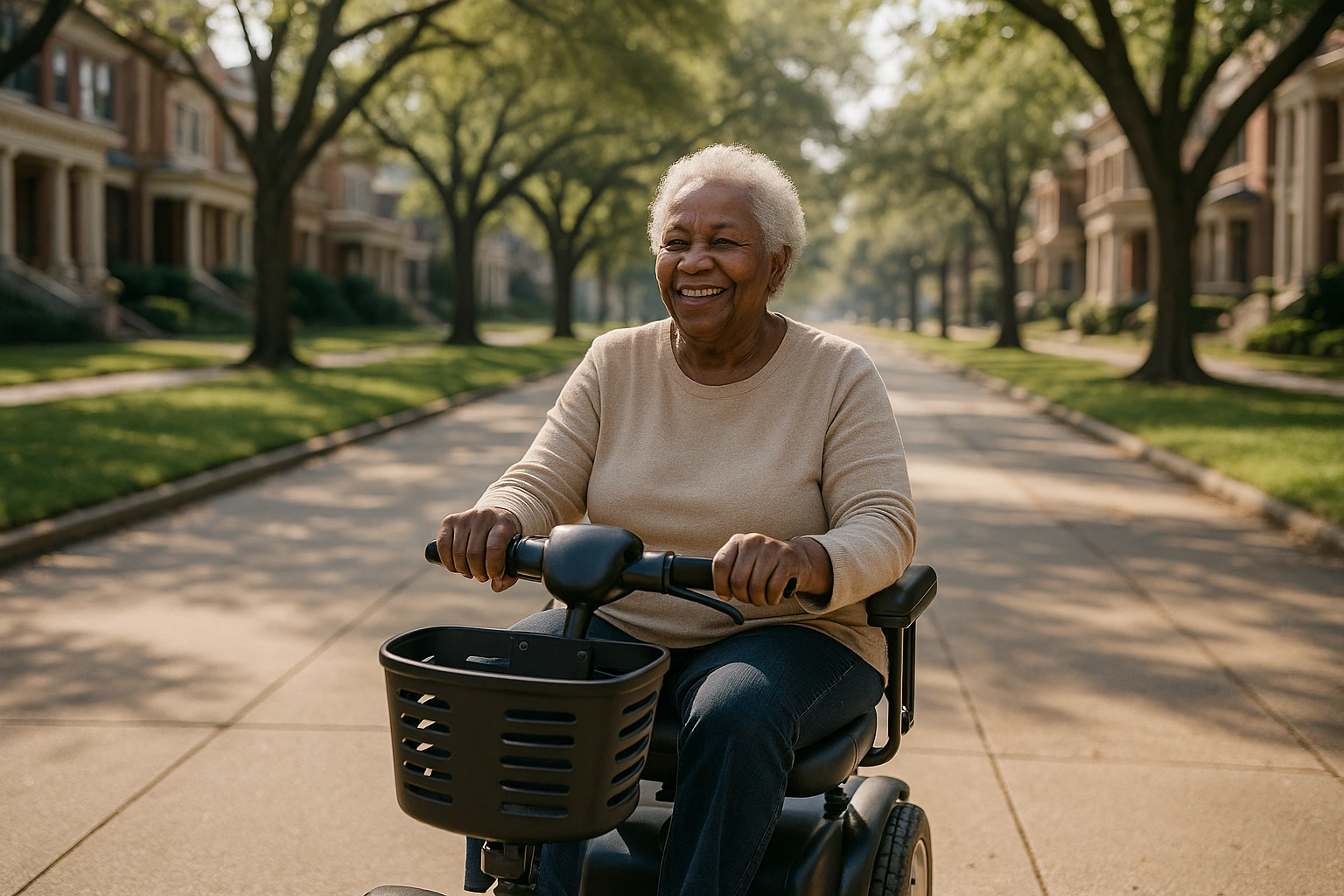 Smiling senior woman riding a four-wheel mobility scooter along a wide sidewalk on a grand tree-lined boulevard with a landscaped median and stately brick townhouses in Richmond, Virginia