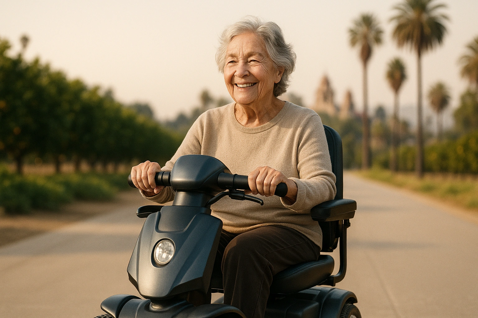 Senior woman with grey hair riding a modern four-wheel mobility scooter on a wide smooth paved riverside trail with orange groves and palm trees in Riverside, California, with the historic Mission Inn bell towers faint in the distance under a clear warm sky