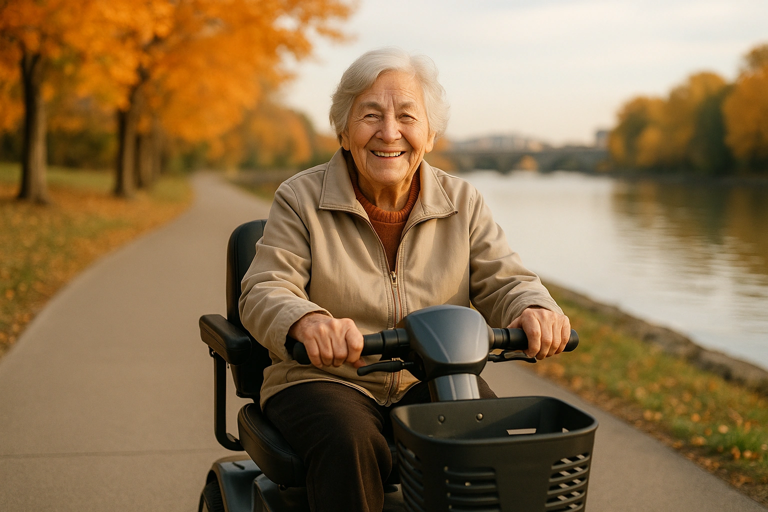 Senior woman with grey hair riding a modern four-wheel mobility scooter on a smooth paved riverfront trail along the Genesee River in Rochester, New York, with autumn trees in orange and gold, a calm river and a historic city bridge in the distance