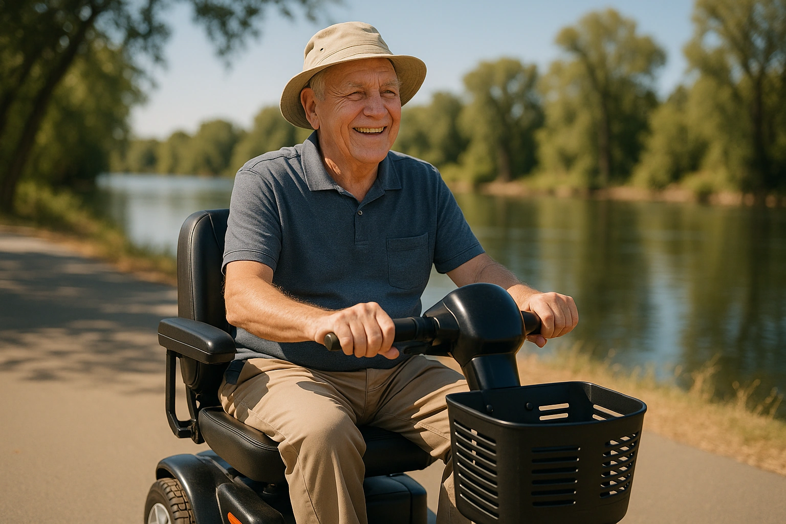 Smiling senior man riding a four-wheel mobility scooter on a smooth flat paved riverside trail beside the American River in Sacramento on a warm sunny afternoon