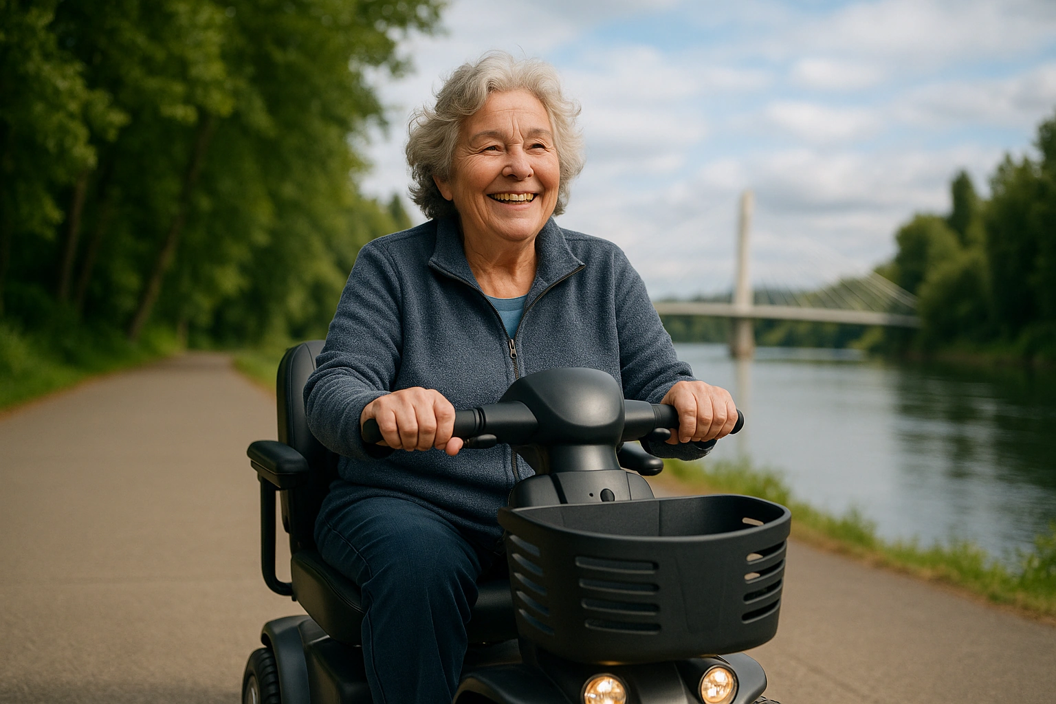 Senior woman with grey hair riding a modern mobility scooter on a wide flat paved riverside path beside the Willamette River in Salem, Oregon, with lush green Pacific Northwest trees and a modern cable-stayed pedestrian bridge in the distance under soft light