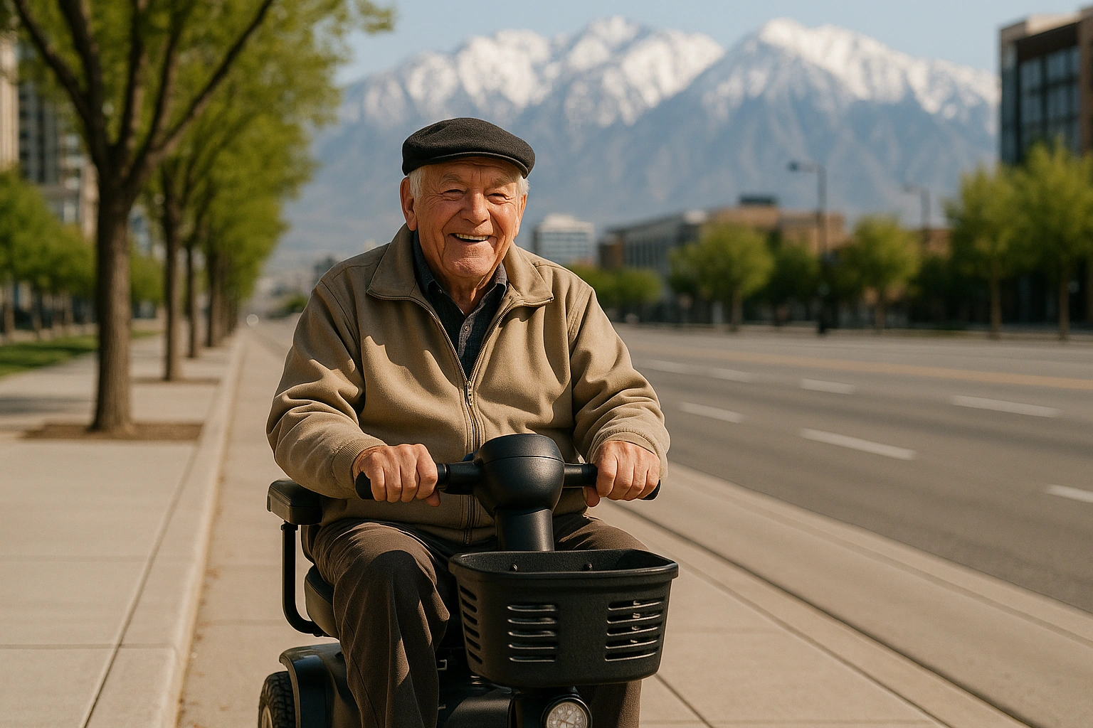 Smiling senior man riding a four-wheel mobility scooter along a very wide flat paved sidewalk beside a broad street in Salt Lake City, with young trees at the kerb and the snow-topped Wasatch mountains close behind the city