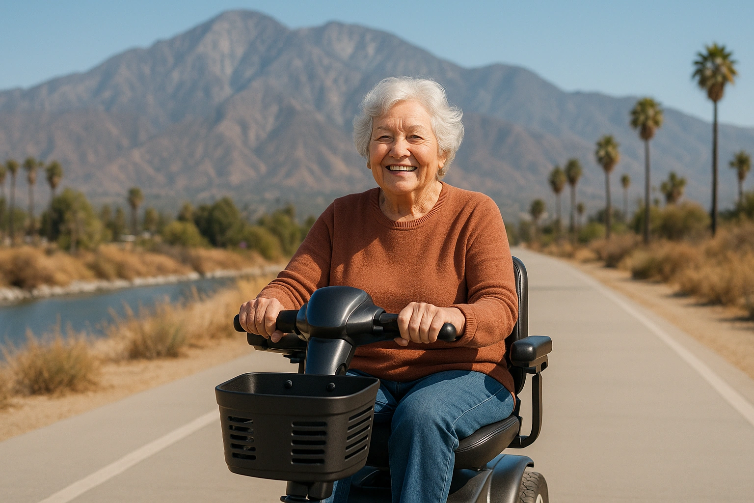 Senior woman with grey hair riding a modern mobility scooter on a wide flat paved riverside bike path in San Bernardino, California, with the tall San Bernardino Mountains rising sharply behind, palm trees and dry scrub under a clear blue sky