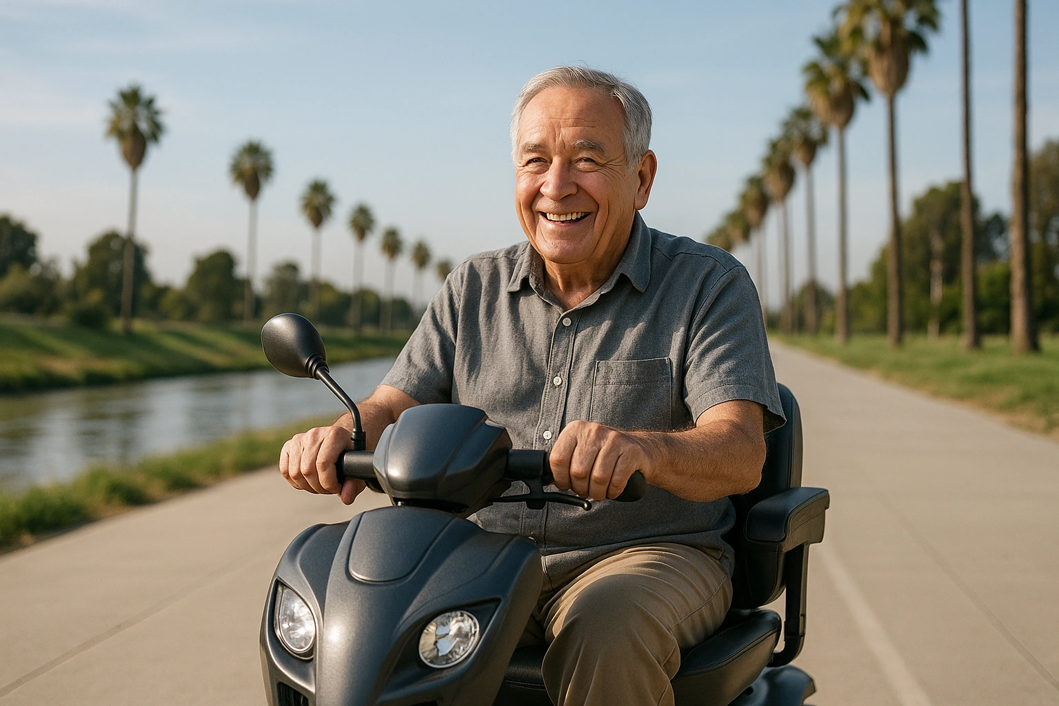 Senior man with grey hair riding a modern mobility scooter on a wide flat paved Class I riverside bike path along the Santa Ana River in Santa Ana, California, with palm trees, a low green riverbank and mild sunny light under a blue sky