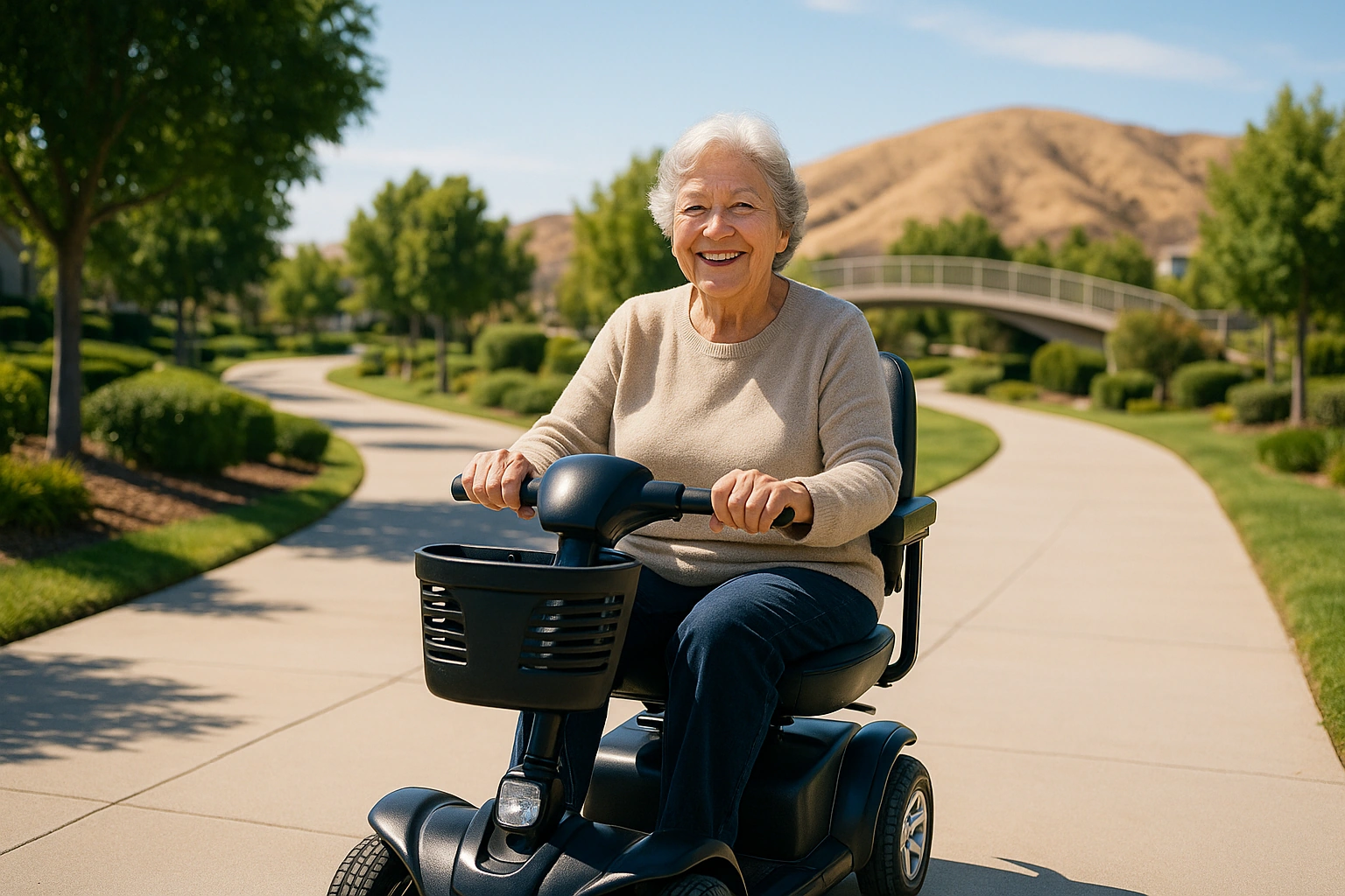 Senior woman with grey hair riding a modern mobility scooter on a wide smooth landscaped paved paseo path winding through a green master-planned suburb in Santa Clarita, California, with a pedestrian bridge, dry golden hills behind and a blue sky
