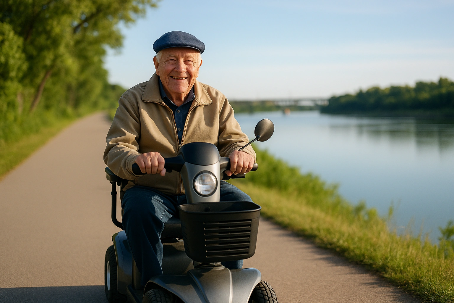 Senior man riding a four-wheel mobility scooter along a wide flat paved riverside trail in the Meewasin Valley beside the South Saskatchewan River in Saskatoon, with green trees, calm water and a bridge in the distance under a big prairie sky on a clear morning