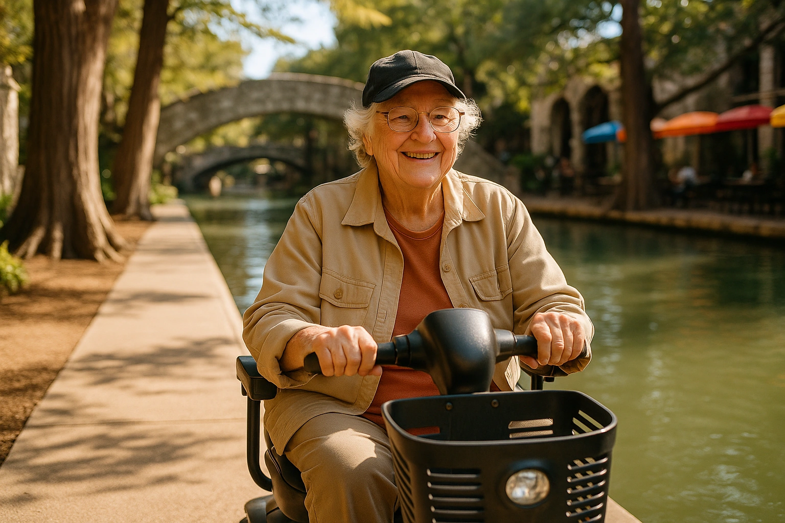 Smiling senior riding a mobility scooter on the San Antonio River Walk beside the green water, with cypress trees and a stone bridge behind