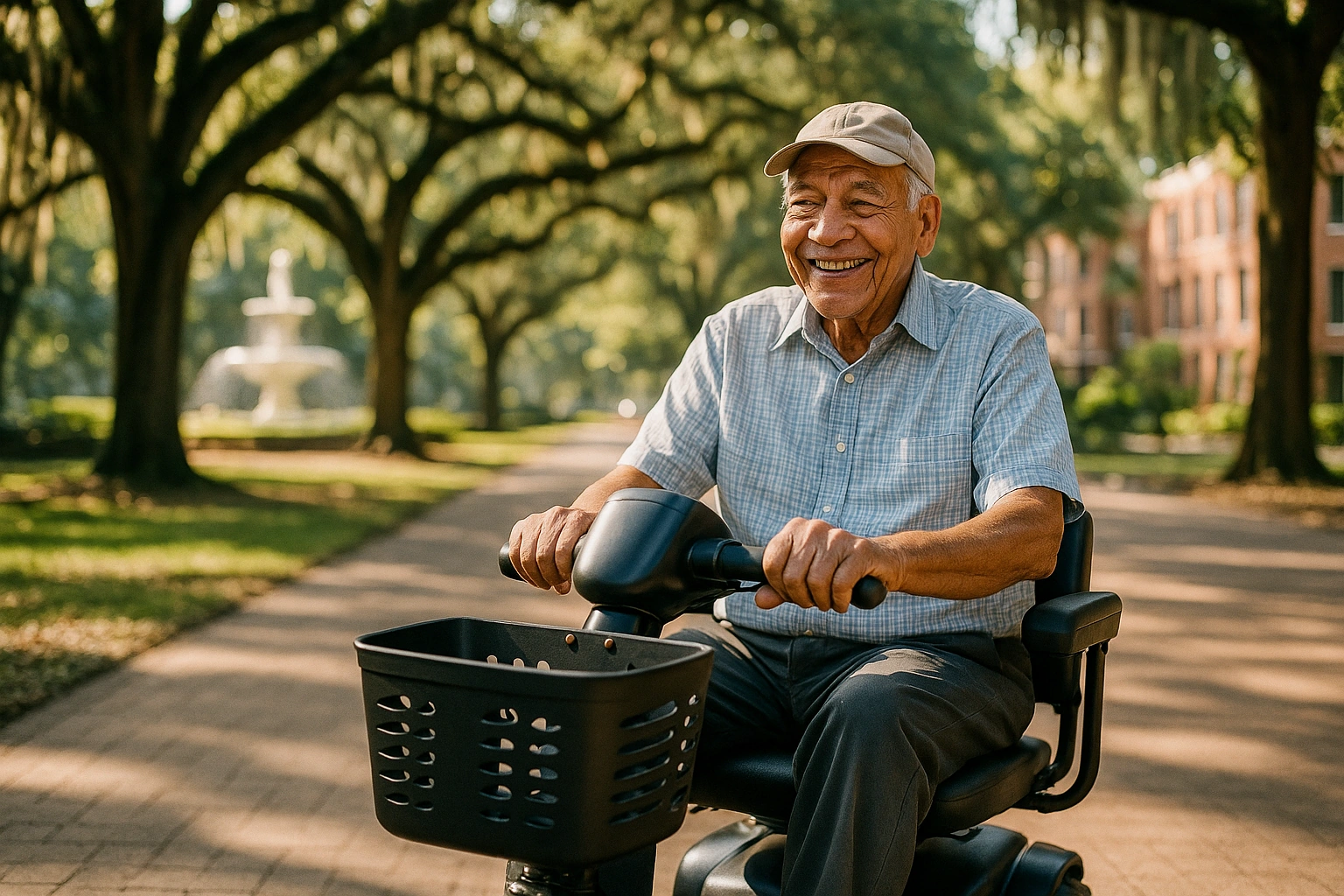 Senior man riding a four-wheel mobility scooter along a smooth flat paved walkway through a historic Savannah square shaded by grand live oak trees draped with Spanish moss, with brick townhouses in the distance on a bright warm morning