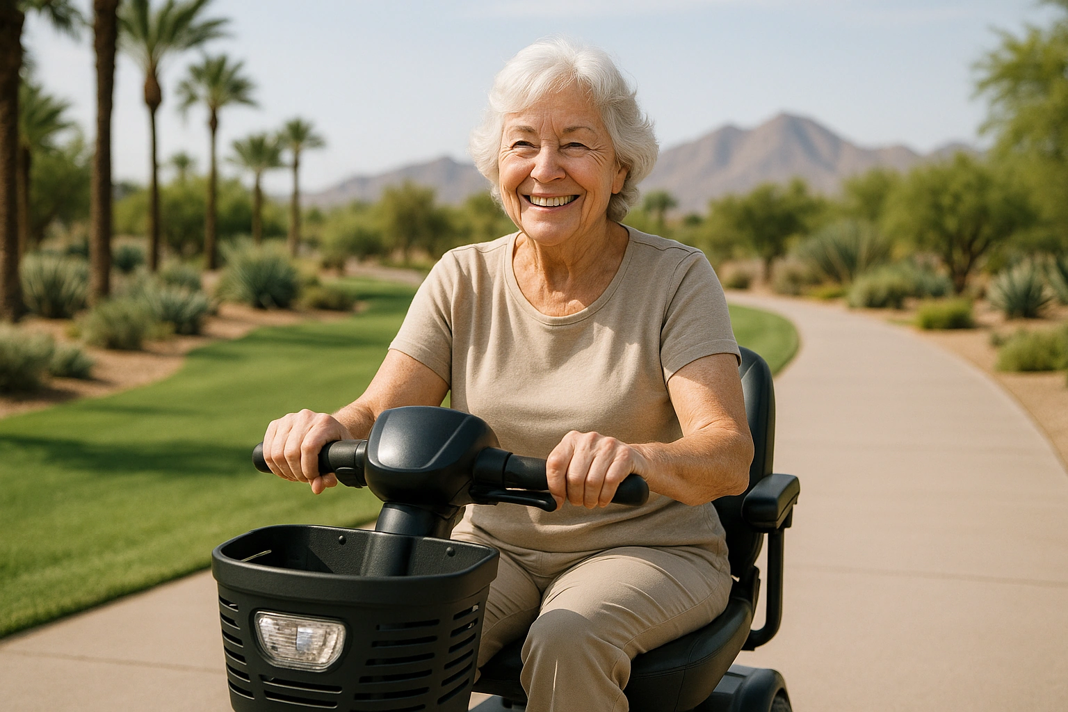 Senior woman with silver hair riding a modern mobility scooter on a smooth wide paved greenbelt path through green desert parkland in Scottsdale, Arizona, with palm trees, a manicured lawn and distant desert mountains under a bright sunny sky