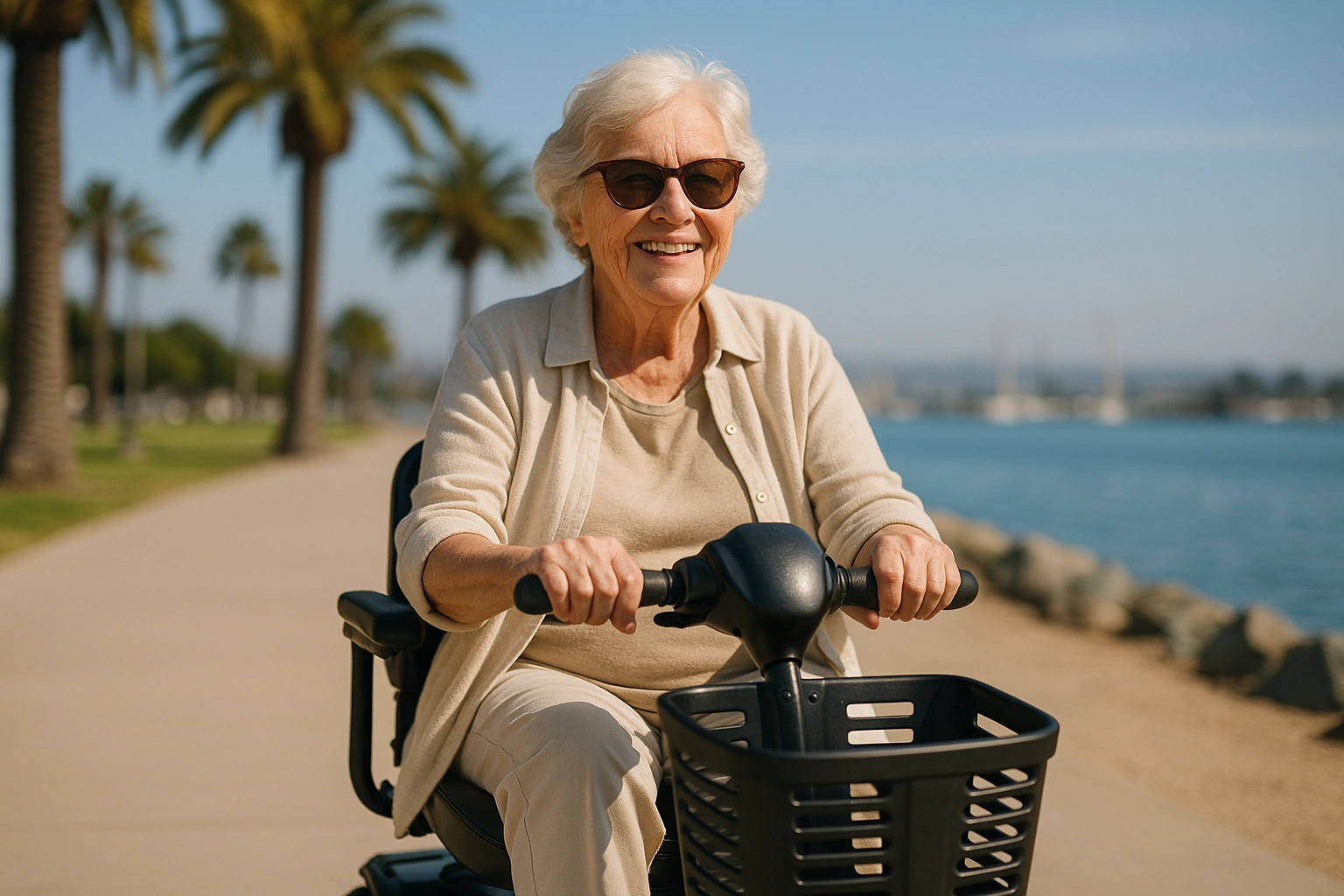 Smiling senior riding a mobility scooter on a sunny San Diego waterfront path with palm trees and the Pacific behind