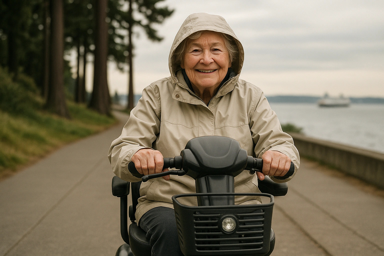 Smiling senior in a light rain jacket riding a mobility scooter on a Seattle waterfront path with evergreens and Puget Sound behind