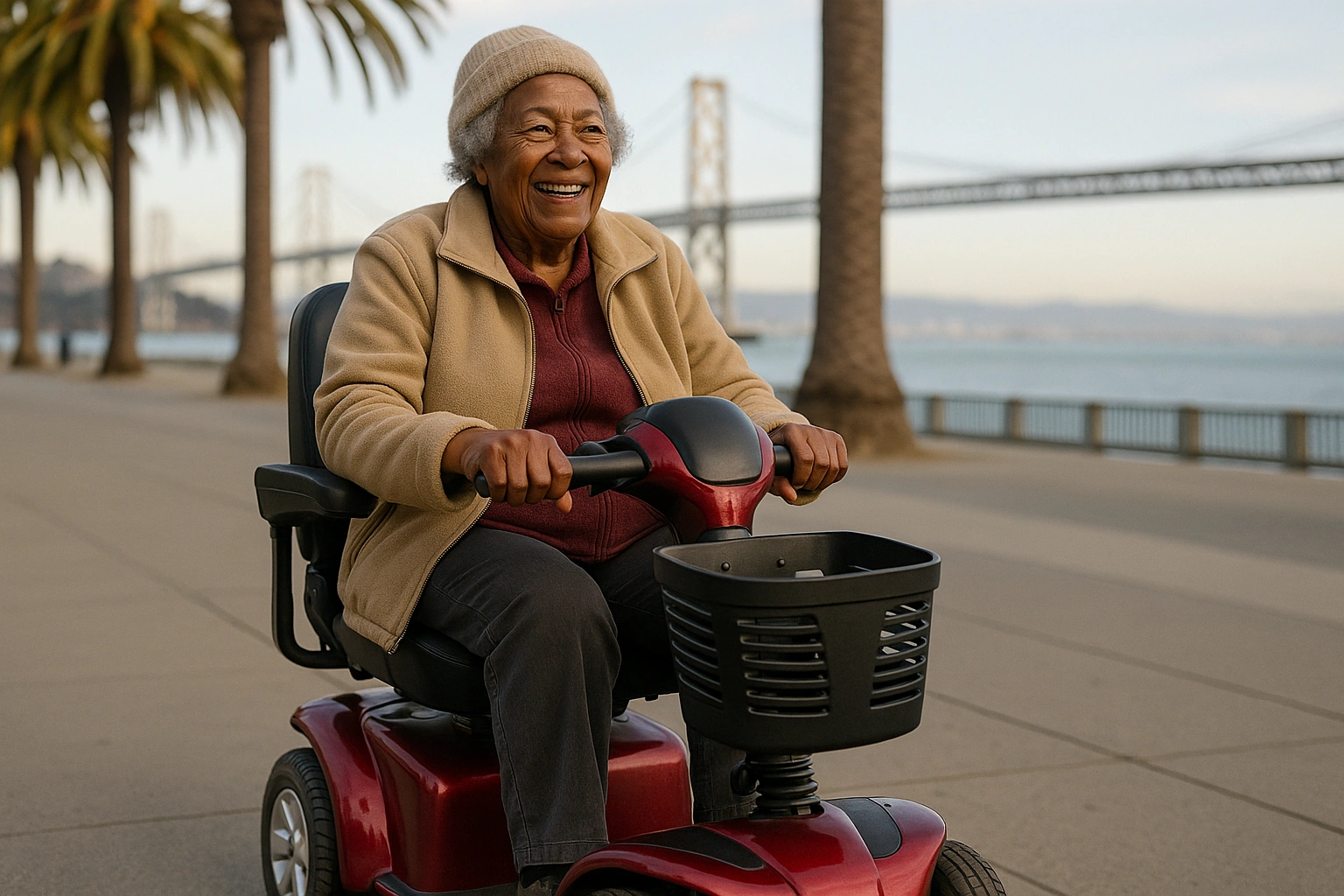 Smiling senior riding a mobility scooter on the flat Embarcadero waterfront promenade in San Francisco with the Bay Bridge behind