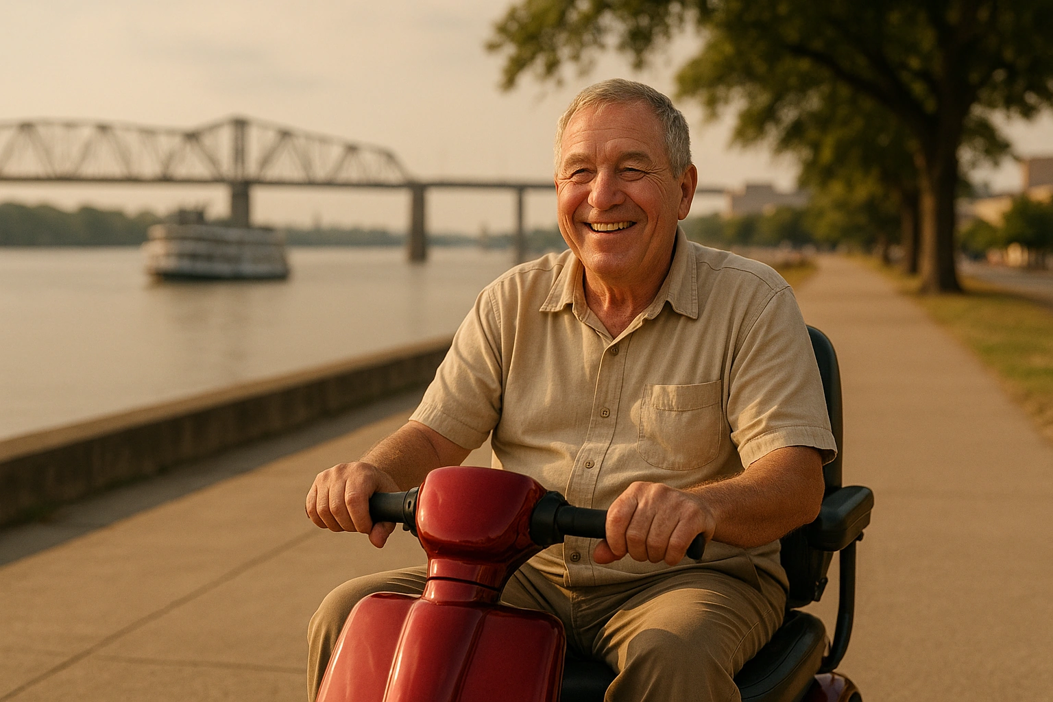 Senior man in a tan shirt riding a red three-wheel mobility scooter along a flat smooth paved riverfront path beside the wide Red River in Shreveport, Louisiana, with a steel truss bridge, a moored riverboat, oak trees and low downtown buildings under a warm hazy Deep South sky