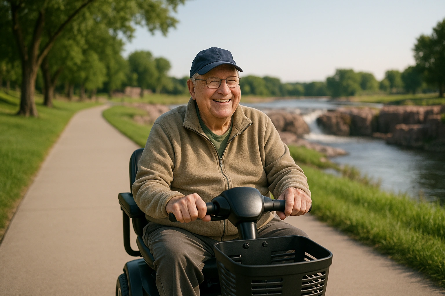 Senior man riding a four-wheel mobility scooter along a wide flat paved riverside greenway beside the Big Sioux River in Sioux Falls, South Dakota, with green trees and the pink quartzite falls in the distance on a bright clear morning