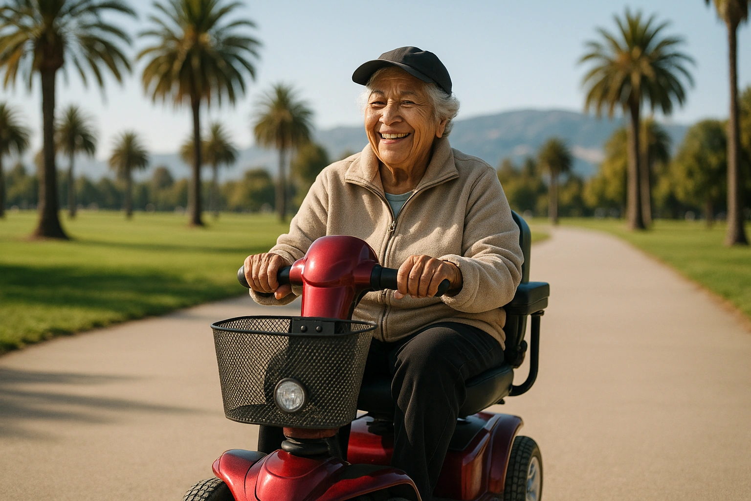 Smiling senior riding a mobility scooter on a flat paved path in a sunny San Jose park with palm trees and valley hills behind