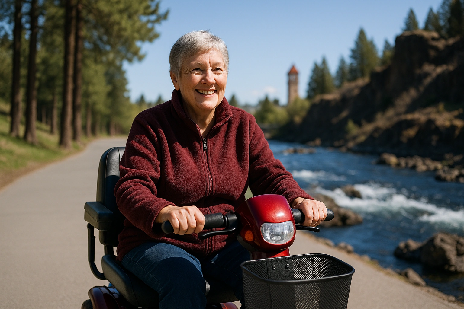 Senior woman in a warm burgundy fleece riding a red four-wheel mobility scooter along a wide smooth paved riverside trail lined with tall evergreen pines beside the rushing Spokane River, with a downtown clocktower and basalt outcrops under a crisp clear inland-Northwest sky