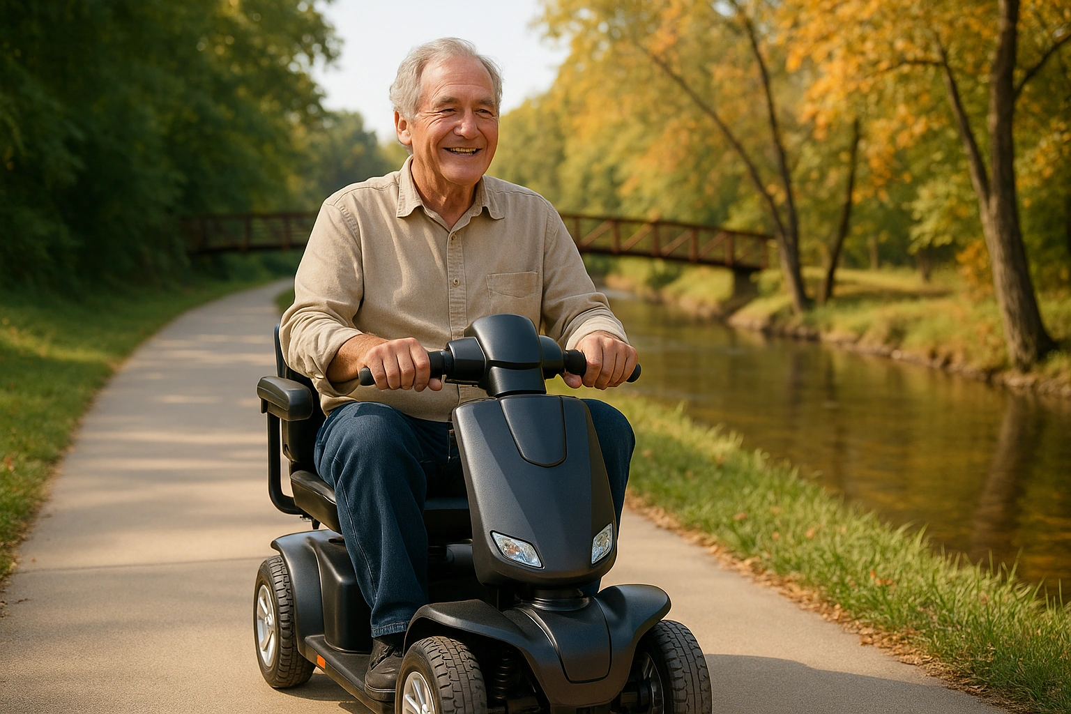 Senior man with grey hair riding a modern four-wheel mobility scooter on a smooth paved greenway path beside a creek with green trees in Springfield, Missouri, in the Ozarks, with a wooden footbridge and autumn foliage under a bright clear sky