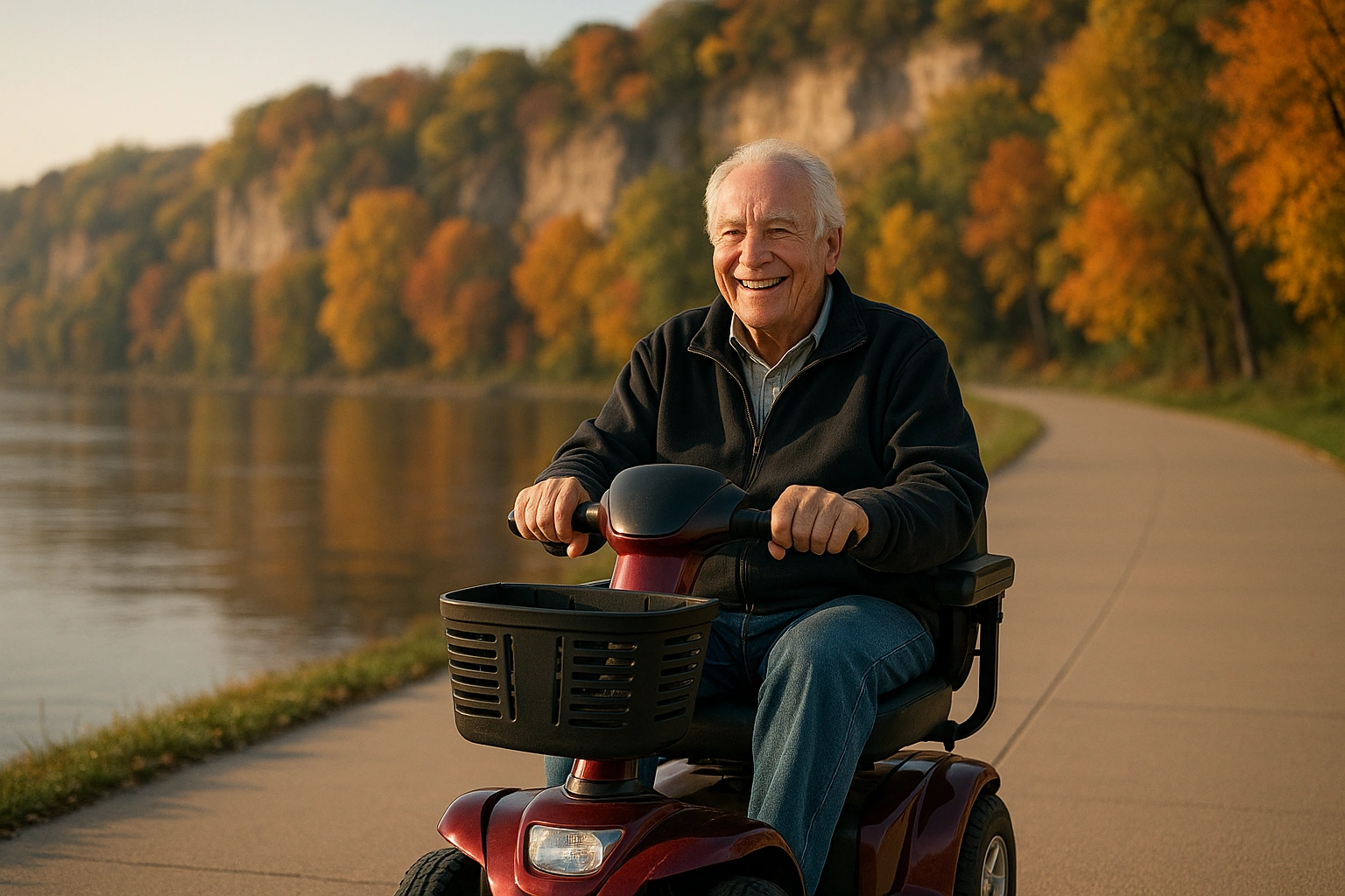Senior man with white hair riding a red four-wheel mobility scooter along a wide smooth paved riverfront trail beside the Mississippi River in Saint Paul, Minnesota, with wooded limestone bluffs and colorful autumn trees rising behind him in soft golden morning light