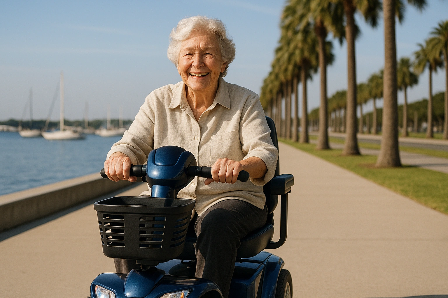 Senior woman with silver hair riding a blue four-wheel mobility scooter along a wide flat palm-lined waterfront promenade in St. Petersburg, Florida, with calm blue Tampa Bay water, sailboats and a marina behind her under a bright sunny sky