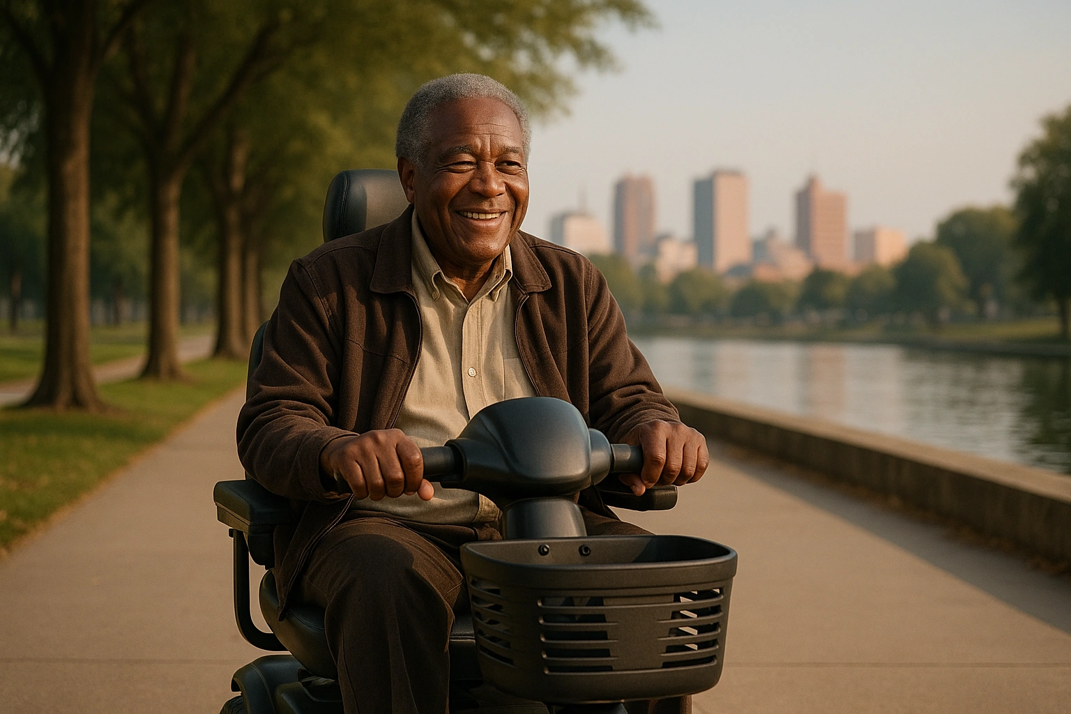 Senior Black man with grey hair riding a modern four-wheel mobility scooter on a smooth wide paved riverfront park path lined with tall trees in Alabama, a Southern city skyline in the warm hazy distance under a soft blue sky