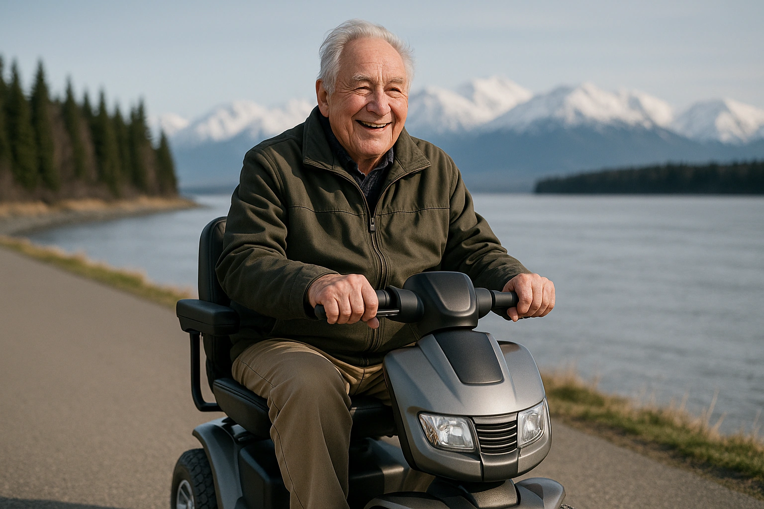 Senior man with grey hair riding a modern four-wheel mobility scooter on a smooth paved coastal trail beside calm water in Anchorage Alaska, snow-capped Chugach mountains and evergreen spruce forest in the background under a clear cool sky