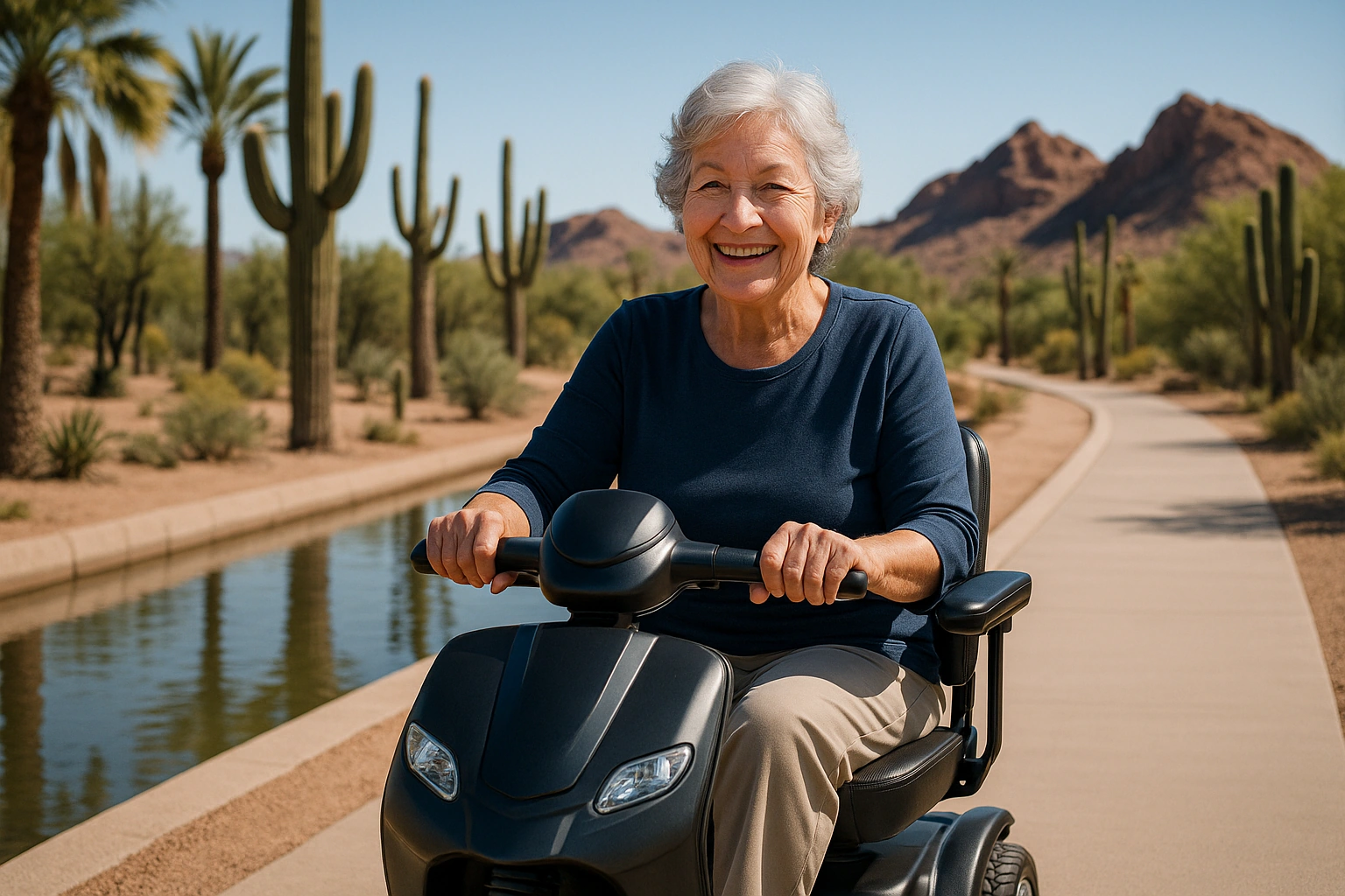 Senior woman with grey hair riding a modern four-wheel mobility scooter on a smooth paved canal-side path through a green desert park with palm trees and saguaro cacti in Arizona, red desert mountains in the distance under a clear blue sky