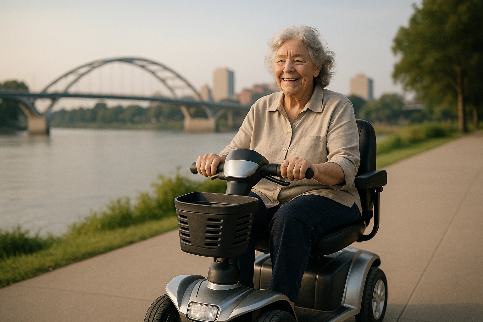 Senior woman with grey hair riding a modern four-wheel mobility scooter on a smooth wide paved riverfront trail beside a wide river with a large arched pedestrian bridge in Arkansas, green trees and a Southern city skyline in the warm hazy distance under a soft blue sky